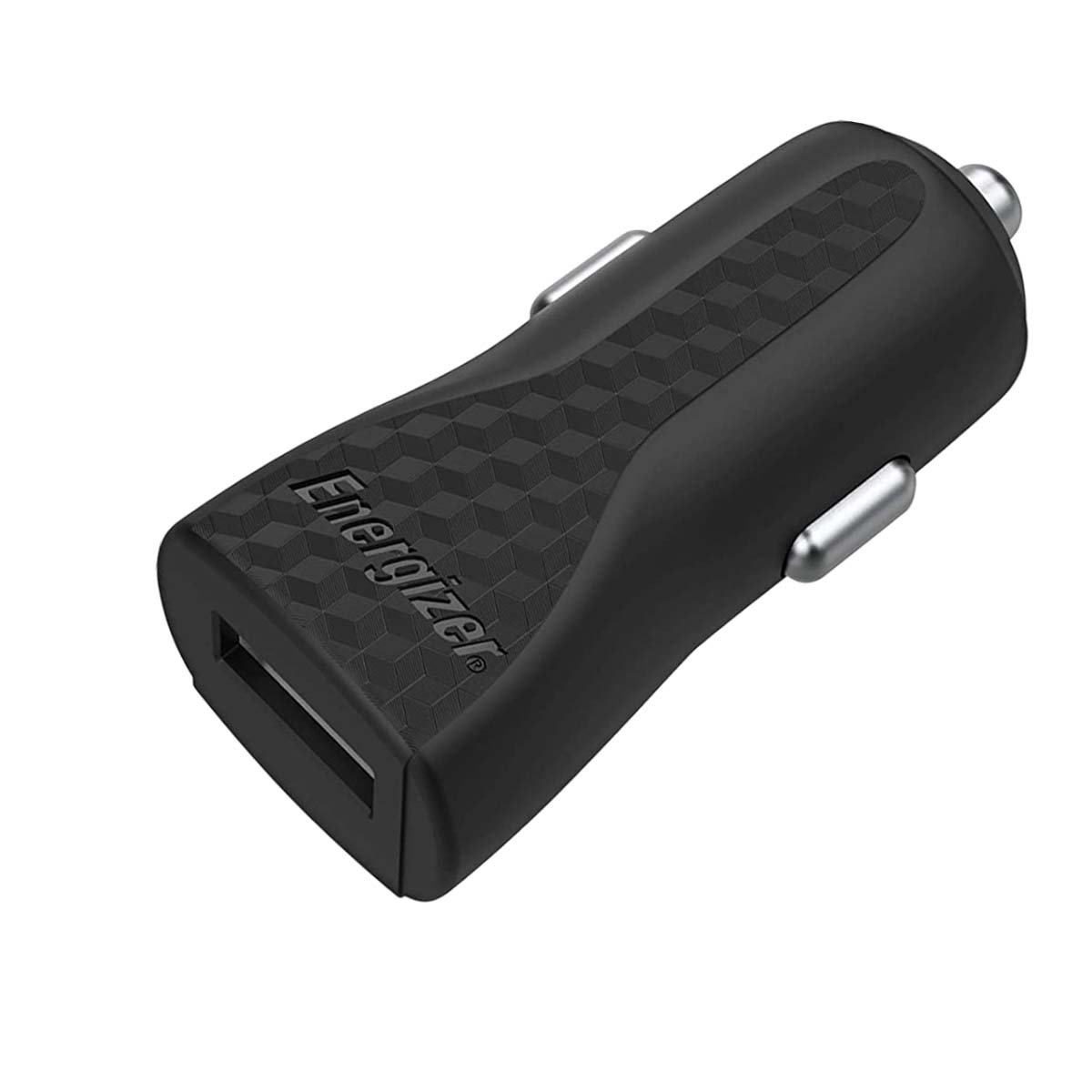 Caricabatterie USB per auto Energizer nero. Presenta un motivo geometrico strutturato e contatti metallici color argento. Porta USB visibile.