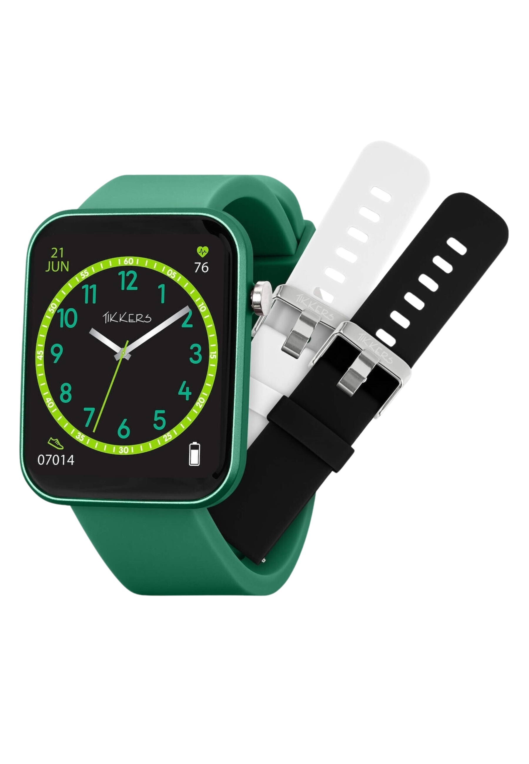 Eine grüne Smartwatch mit schwarzem Zifferblatt, weißen und schwarzen Armbändern und silbernen Schnallen. Die Zeit ist 1:00.