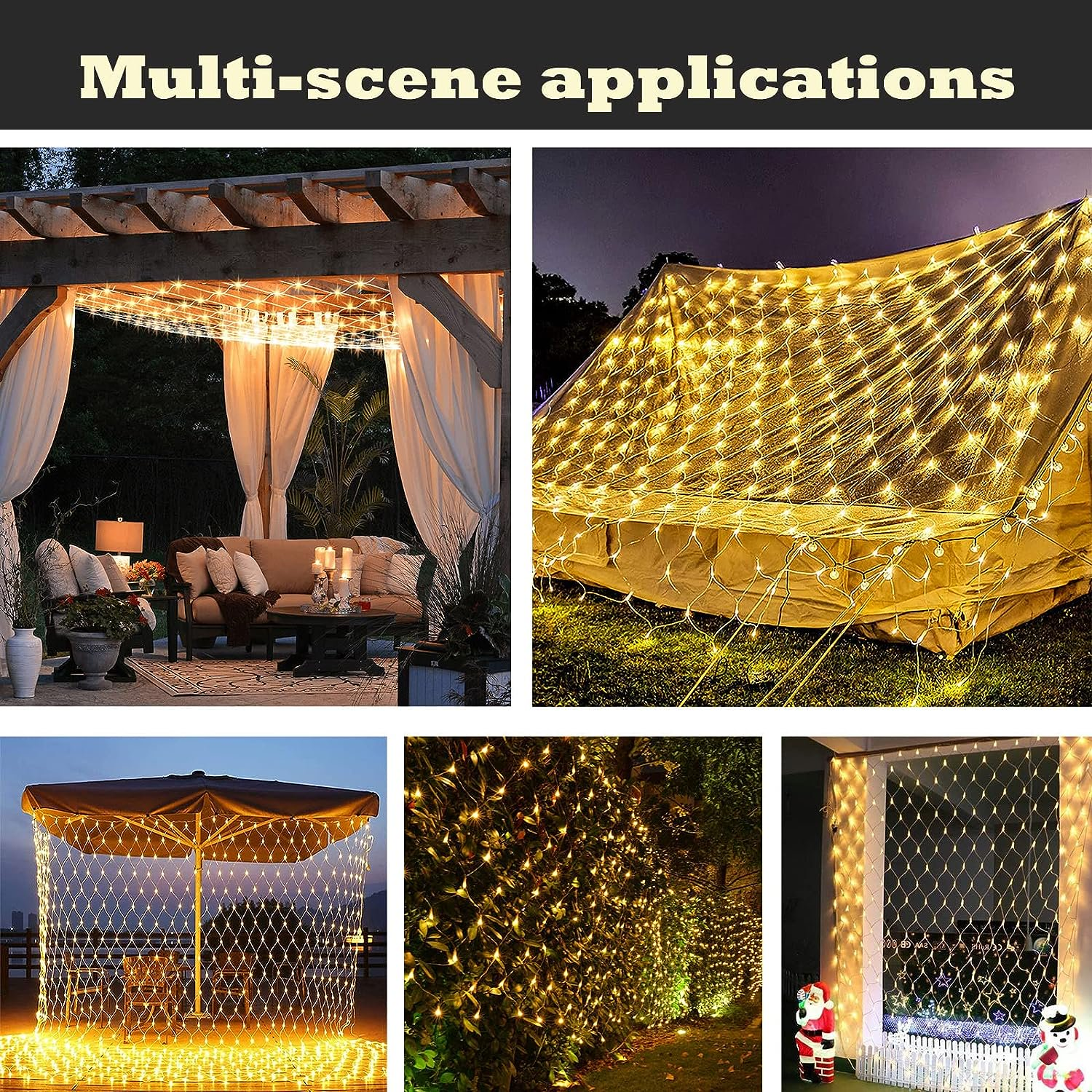 Verschiedene Szenen, die von Lichterketten beleuchtet werden: eine Terrasse, ein Zelt, ein Sonnenschirm, eine Hecke und ein Fenster mit Dekorationen.