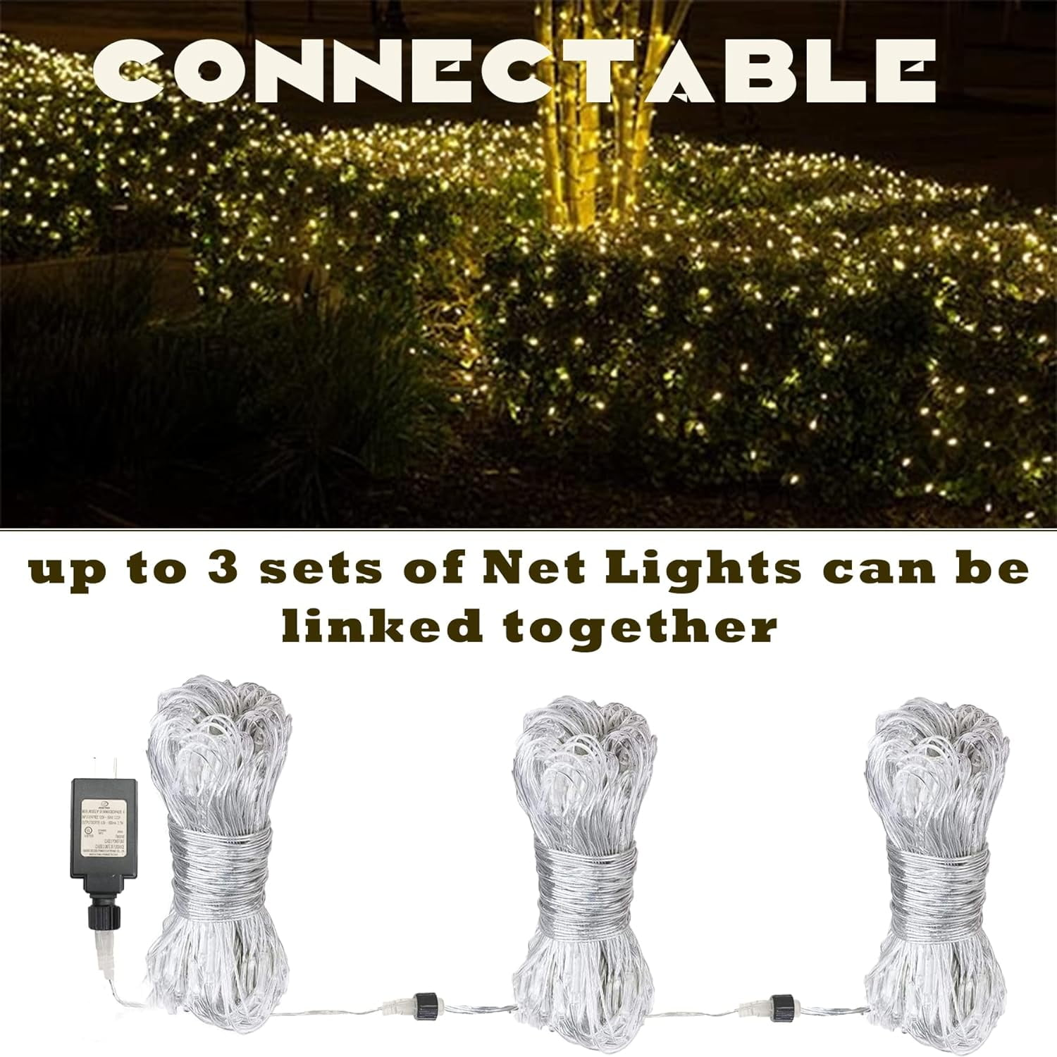 Das Bild zeigt vernetzte Netzlichter und eine Gartenszene mit Lichtern. Text: 'VERBINDUNGSFÄHIG', 'bis zu 3 Sätze von Netzlichtern können verbunden werden'.