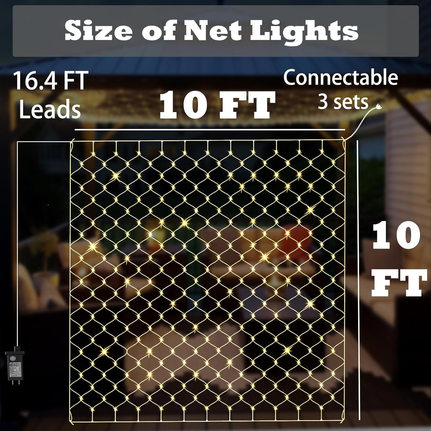 Das Bild zeigt die Größe der Netzlichter. 16,4 ft Zuleitungen, 10 ft Lichter, anschließbar 3 Sets. Ein Netz aus Lichtern ist sichtbar.