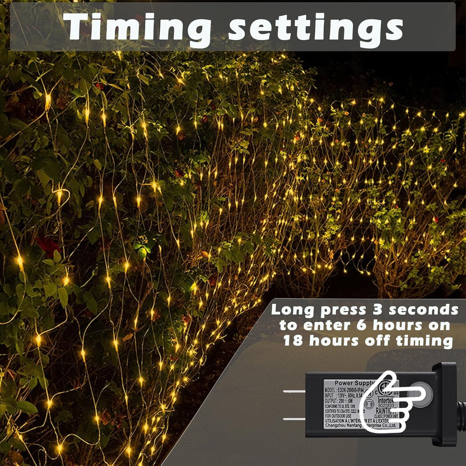 Lichterketten beleuchten einen Busch. Text sagt 'Timing settings'. Ein Netzteil wird mit Anweisungen zum Drücken für das Timing angezeigt.
