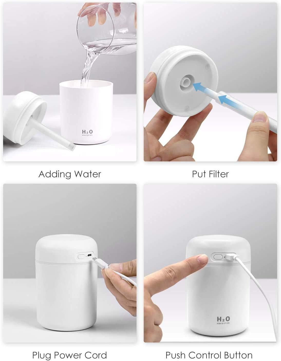 Vier Bilder zeigen Schritte für einen Luftbefeuchter: Wasser hinzufügen, Filter einsetzen, Netzkabel anschließen und Steuertaste drücken.