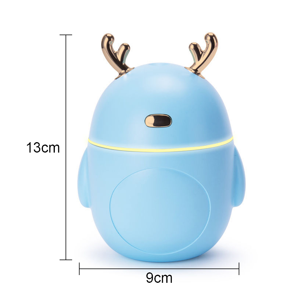 Ein hellblauer Luftbefeuchter in Tierform. Er hat goldene Geweihe und misst 13 cm hoch und 9 cm breit.