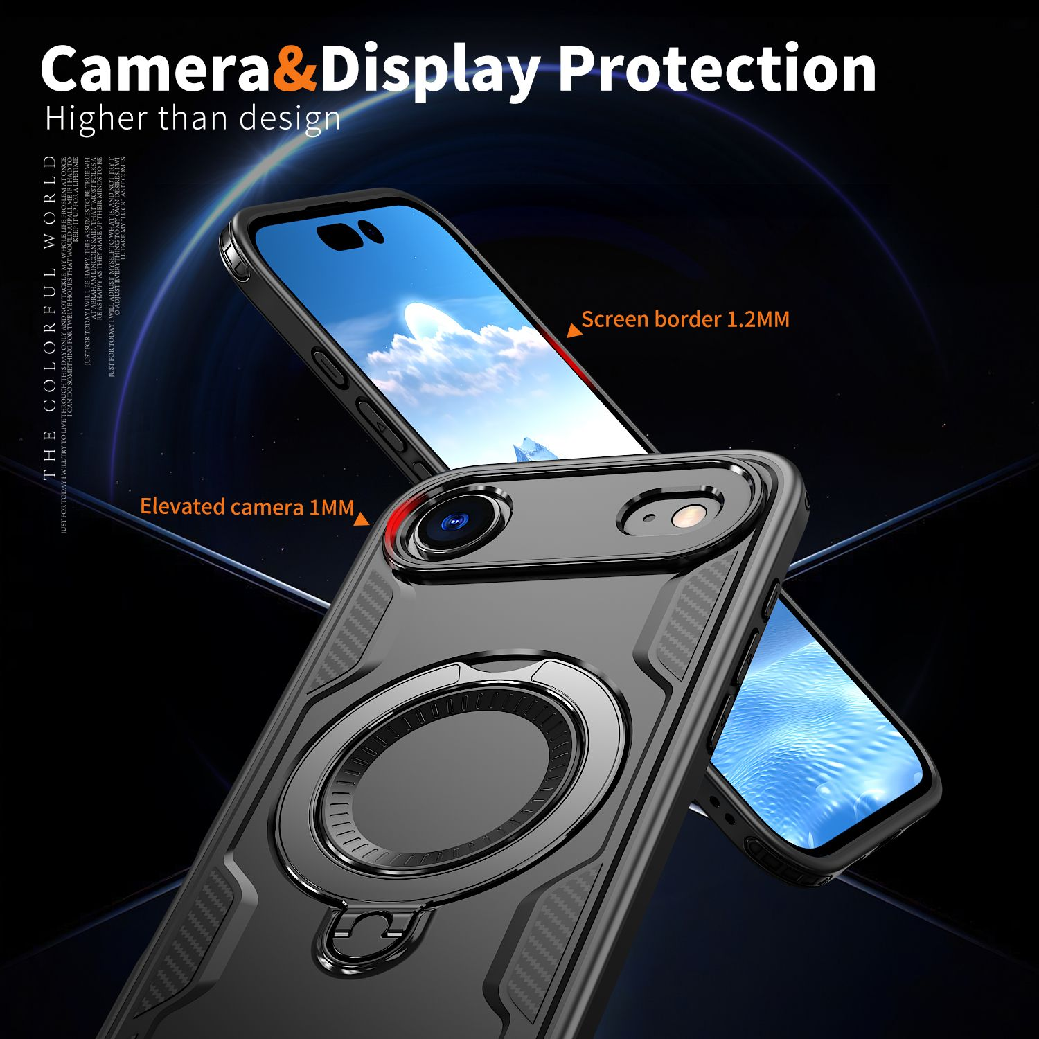 Eine schwarze Handyhülle mit einem Telefon, die Funktionen zum Schutz von Bildschirm und Kamera zeigt. Text lautet "Camera & Display Protection".