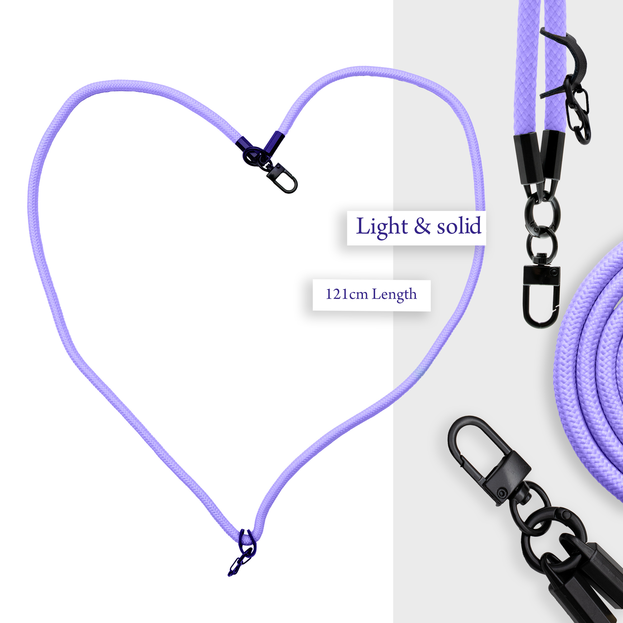 Ein lila Seil bildet eine Herzform. Es hat schwarze Metallverschlüsse. Der Text 'Light & solid' und '121cm Length' sind auf dem Bild.