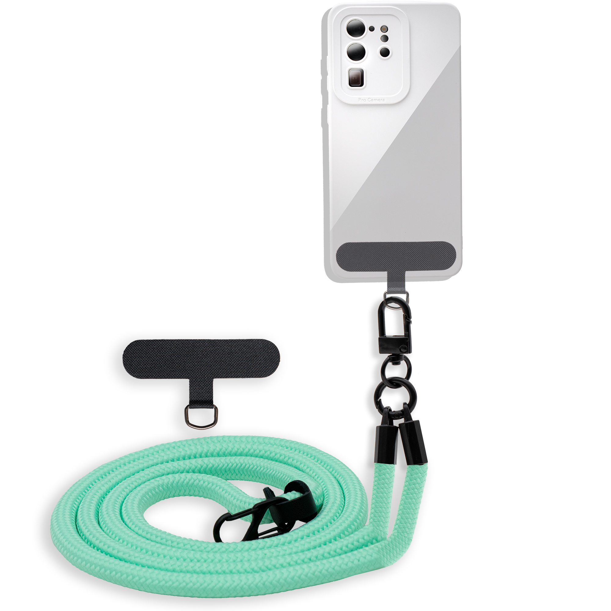 Ein weißes Telefon mit einem hellgrünen Umhängeband. Das Telefon hat eine Kameraerhebung. Das Umhängeband ist unten aufgerollt.