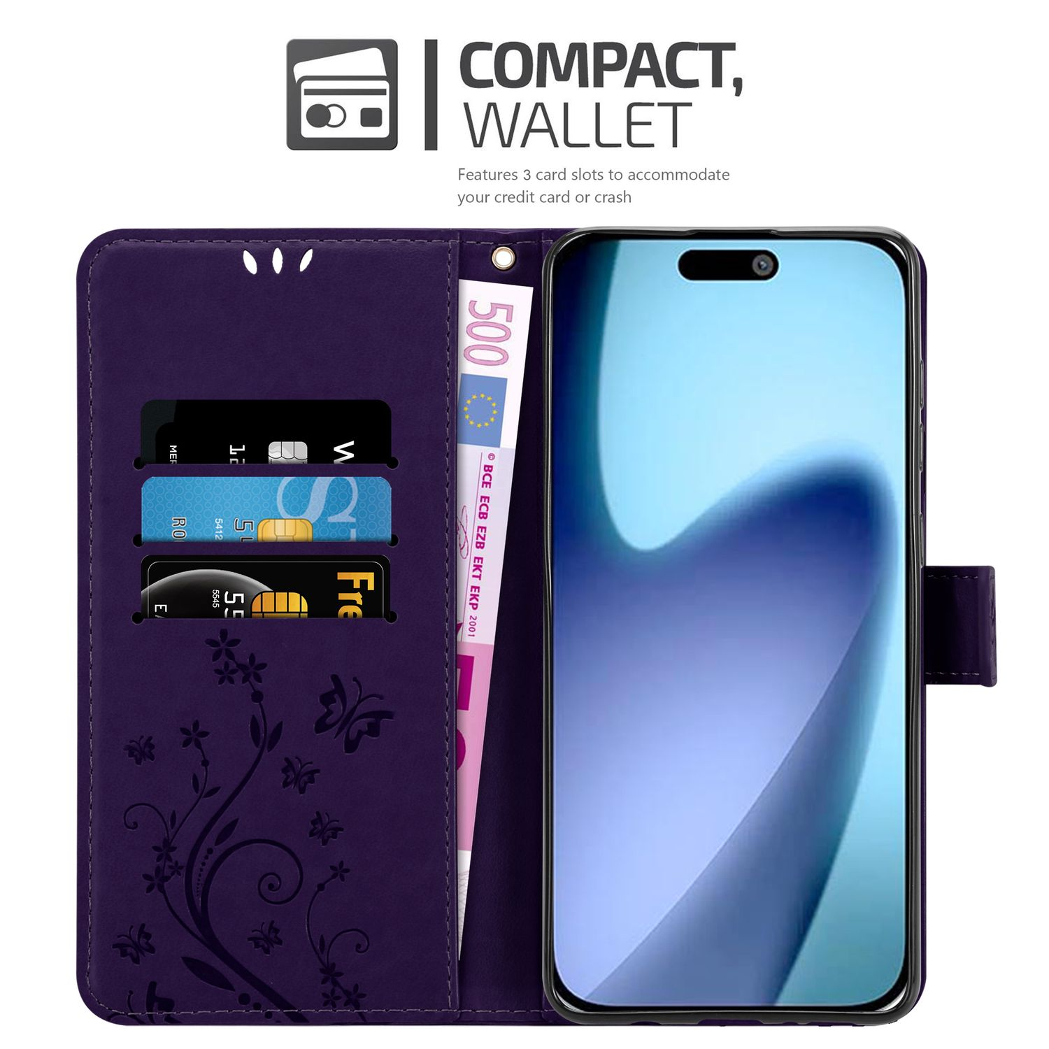 Lila Geldbörse mit Kreditkarten und einem Telefon. Enthält einen 500-Euro-Schein.