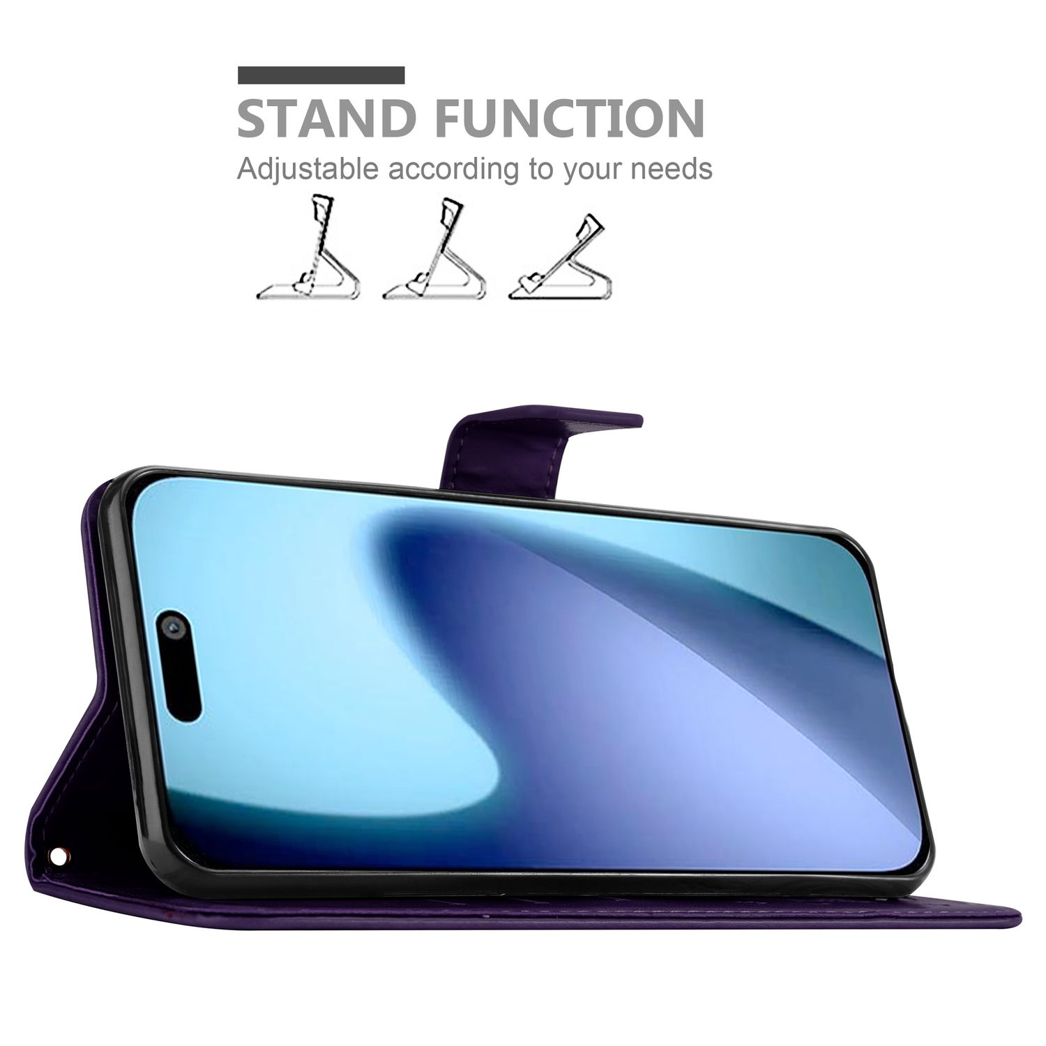 Eine lila Handyhülle mit einem Telefon darin, das einen Bildschirm zeigt. Der Text oben lautet "Standfunktion". Einstellbar nach Ihren Bedürfnissen.