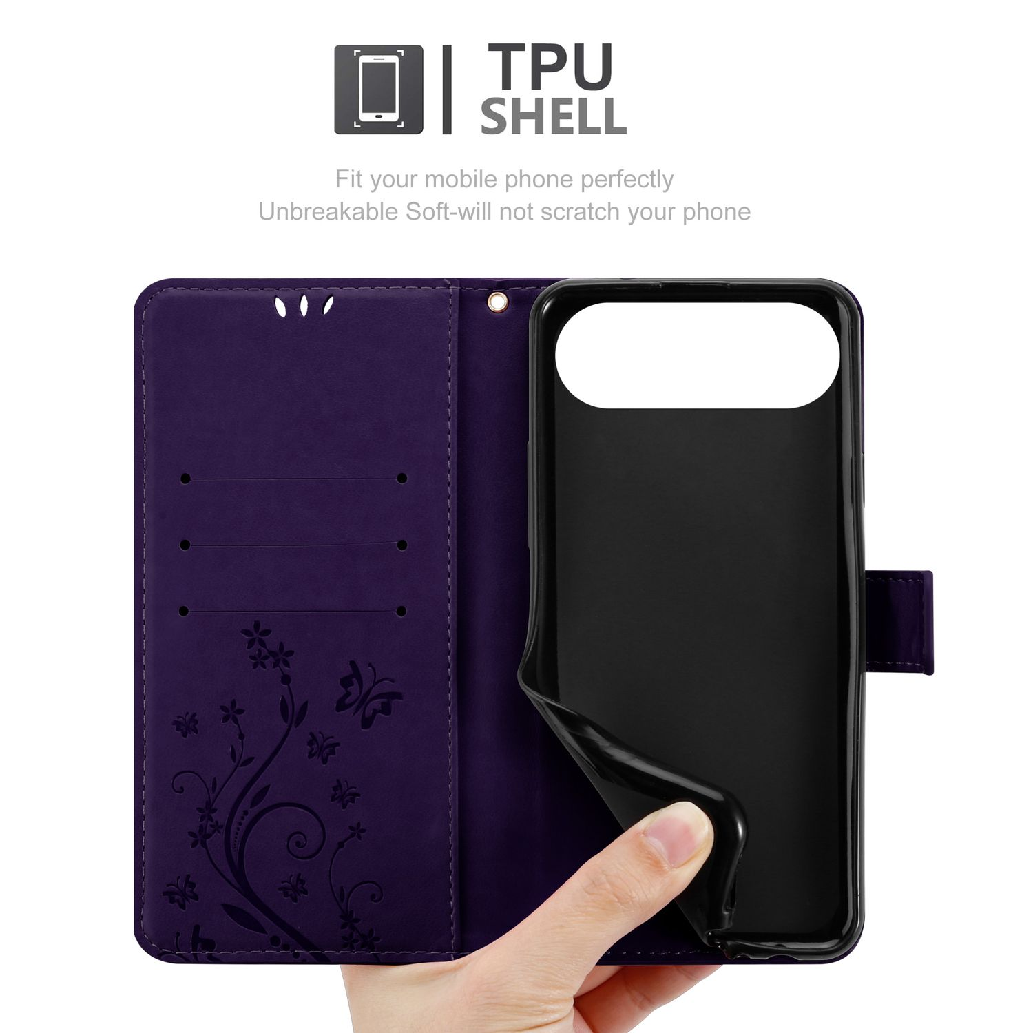Eine violette Handyhülle wird geöffnet, um einen schwarzen Telefonhalter freizulegen, der von einer Hand gehalten wird. Blumenmuster.