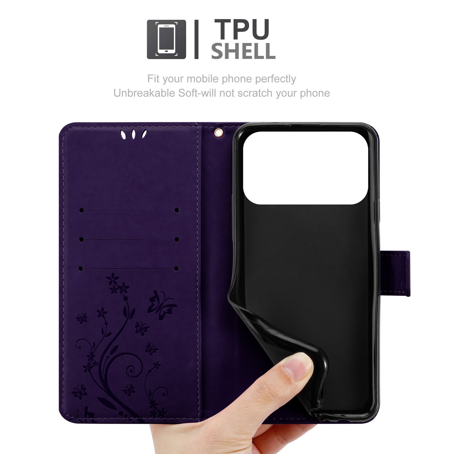 Lila Handyhülle mit Blumendesign, geöffnet, um ein schwarzes Telefon freizugeben. Die Hand hält die Hülle offen. Text: TPU SHELL.