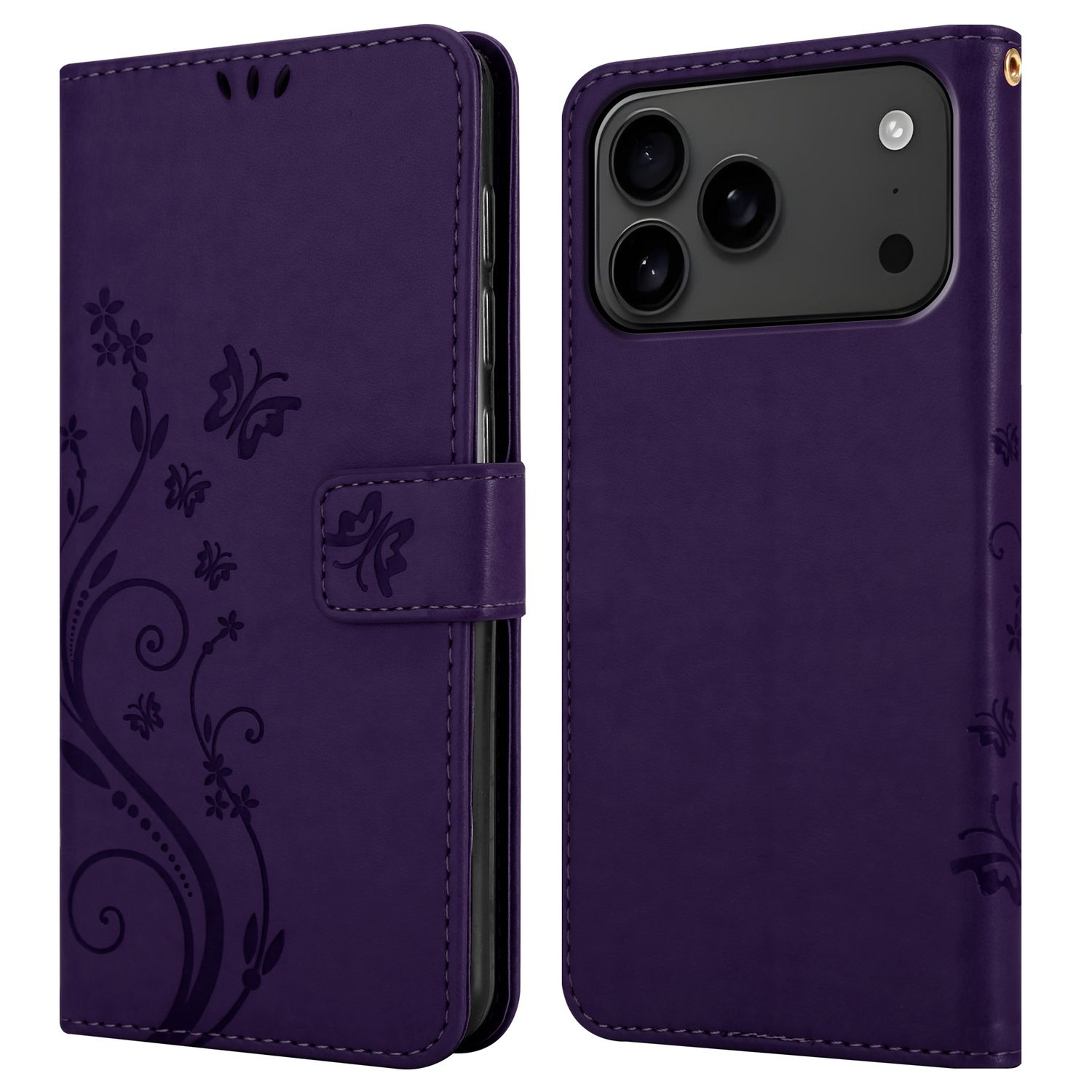 Lila Handyhülle mit Blumendesign. Offen, Telefon rechts. Geschlossen, Design sichtbar. Kameras sichtbar.