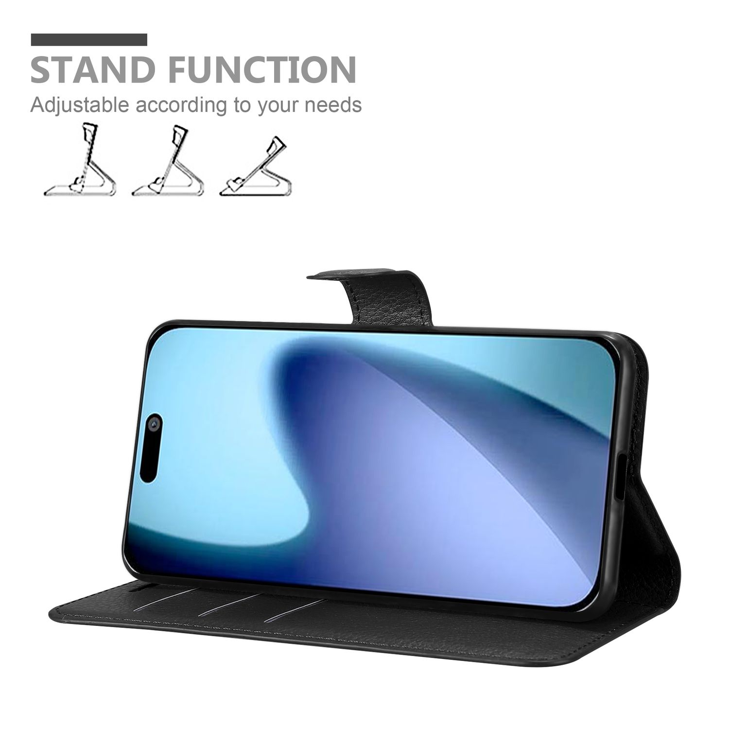 Schwarze Handyhülle mit Telefon, mit Standfunktion. Text: 'Standfunktion. Anpassbar an Ihre Bedürfnisse'.