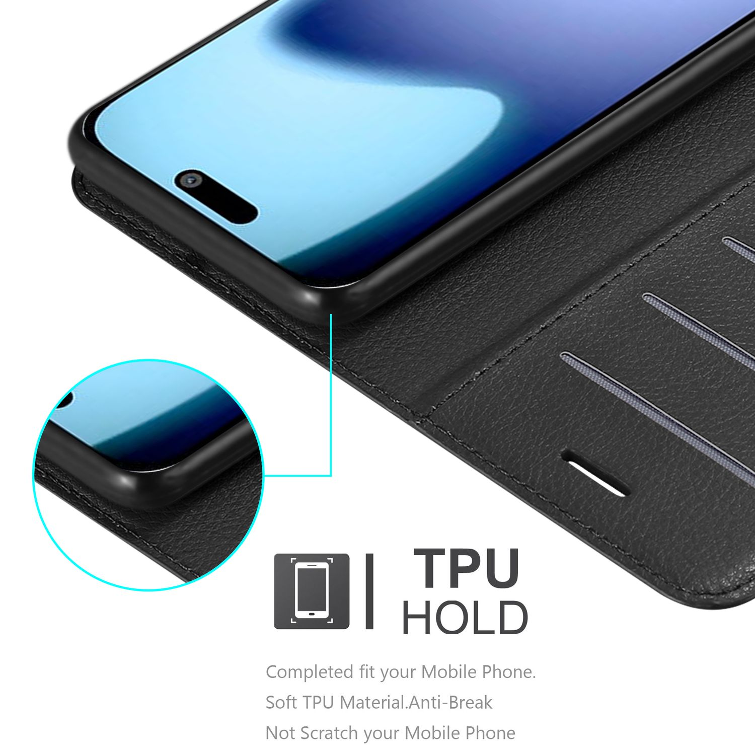 Eine schwarze Handyhülle mit einem Handy darin. Text: 'TPU HOLD'. Der Bildschirm des Telefons ist blau. Die Hülle ist offen.