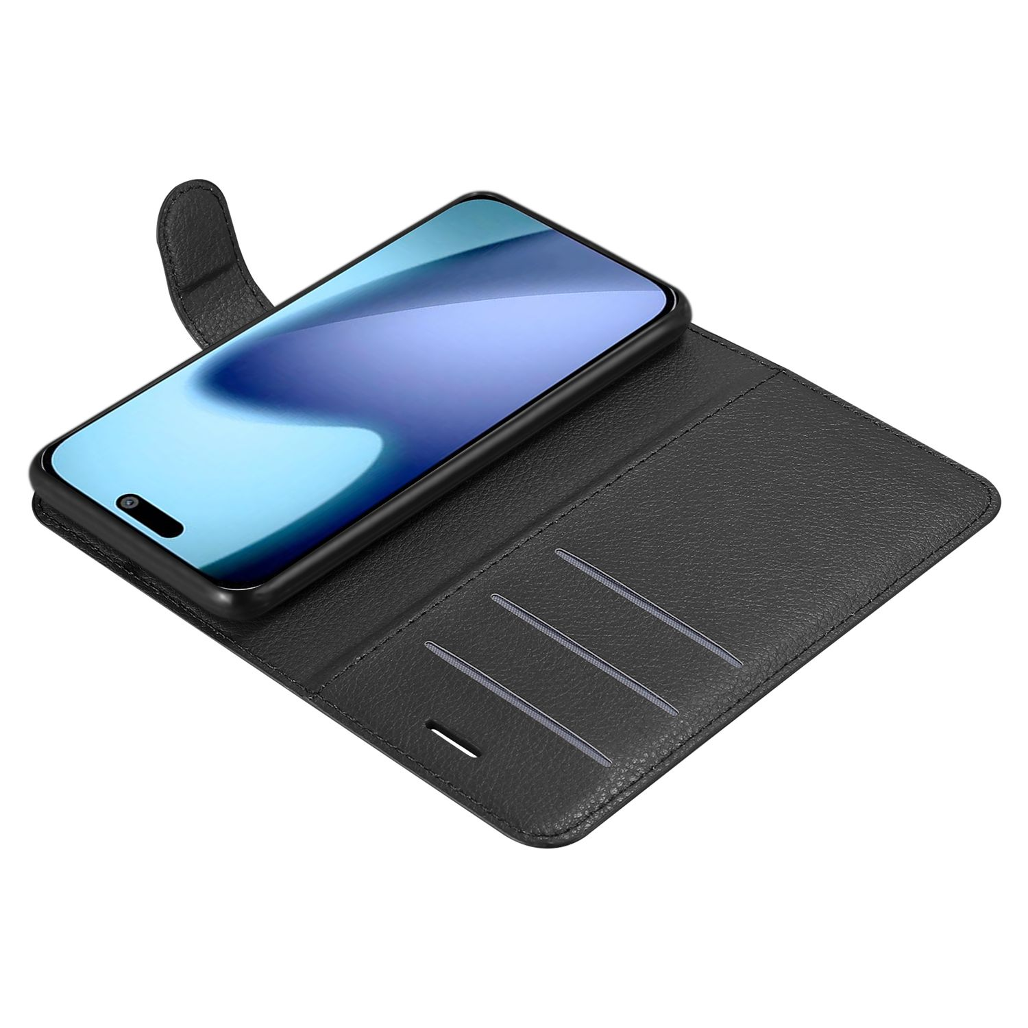 Schwarzes Telefon in einer offenen schwarzen Lederhülle. Der Telefonbildschirm ist eingeschaltet. Kreditkartenfächer sind vorhanden.