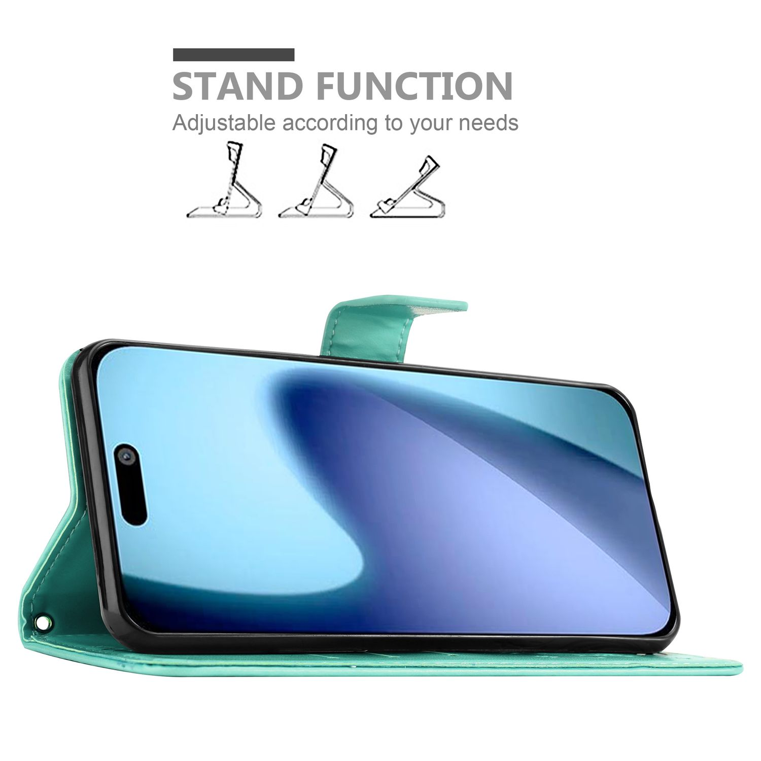 Eine türkisfarbene Handyhülle mit einem Telefon darin. Die Hülle ist geöffnet, und der Bildschirm des Telefons zeigt ein abstraktes blaues Bild.