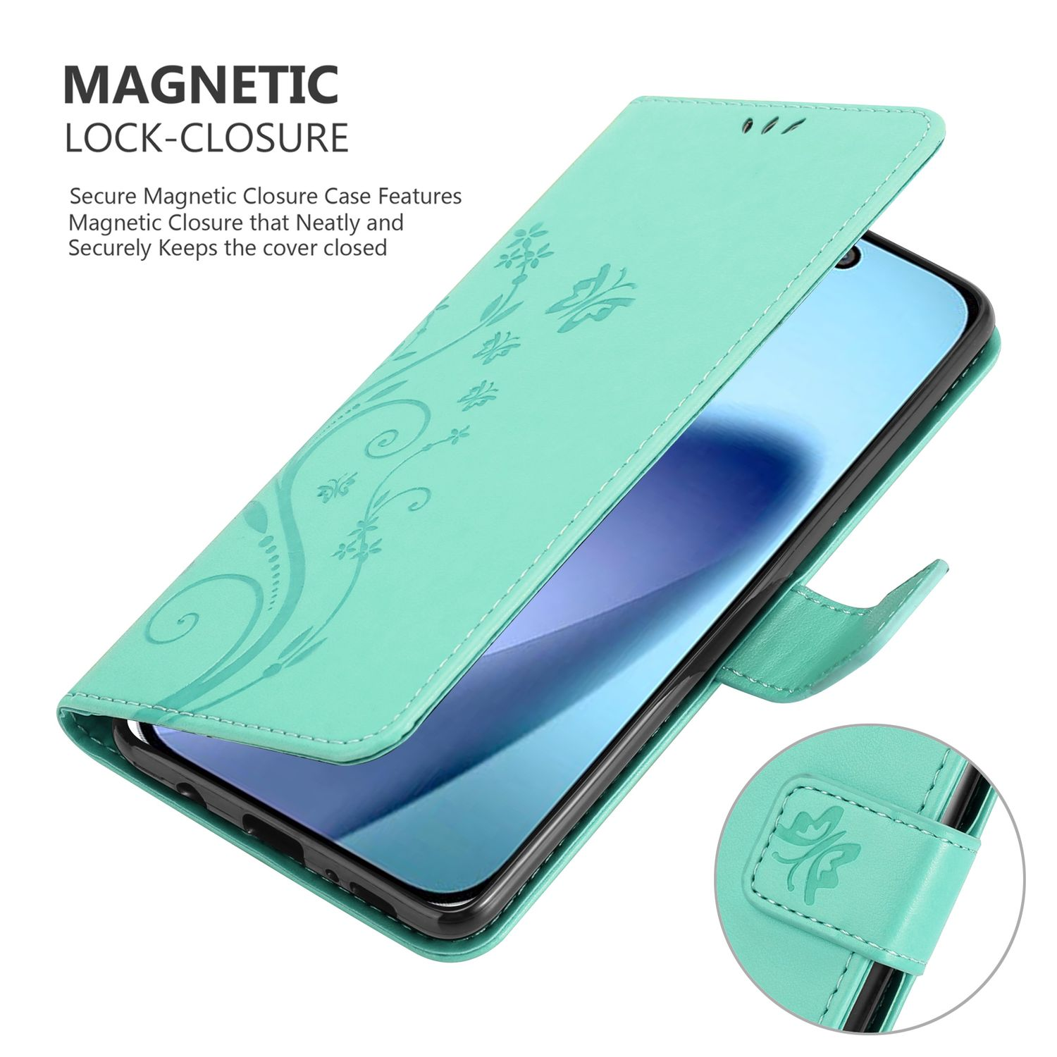 Eine türkisblaue Handyhülle mit Magnetverschluss. Das Gehäuse ist geöffnet und zeigt einen Telefonbildschirm und dekorative Blumenmuster.