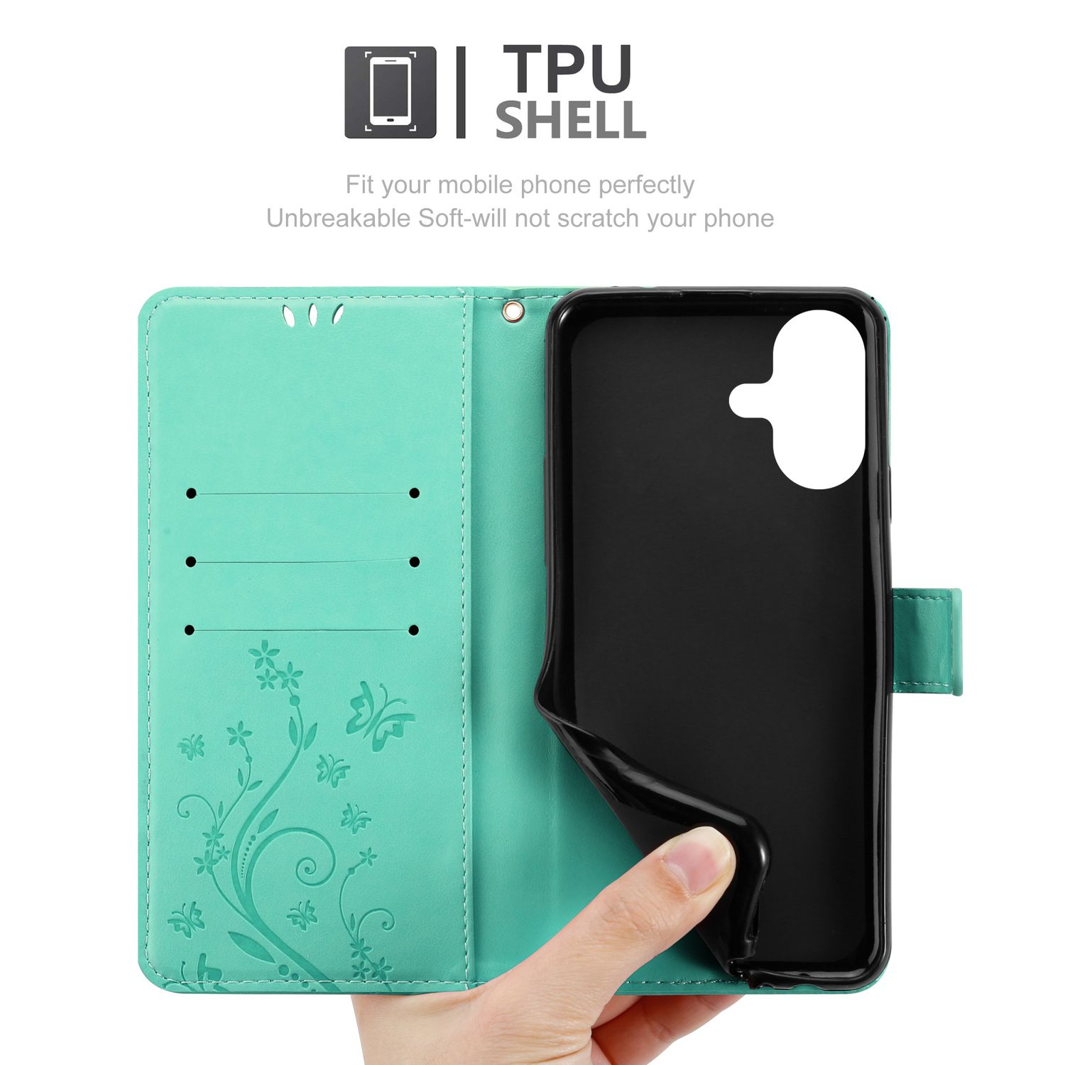 Eine türkisfarbene Handyhülle mit geöffneter Klappe, die ein schwarzes Telefon zeigt. Blumendesign auf der Innenseite. Text: TPU SHELL, Passt perfekt.