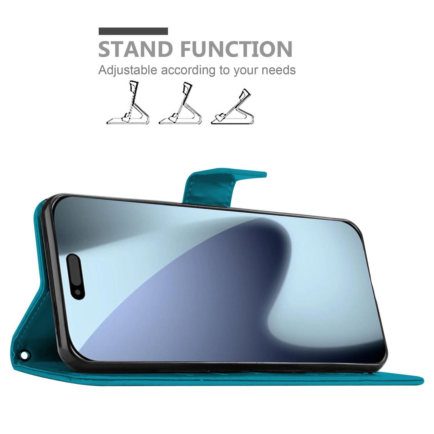Eine türkisfarbene Handyhülle mit einem Telefon. Text und Diagramme zur Standfunktion oben. Weißer Hintergrund.