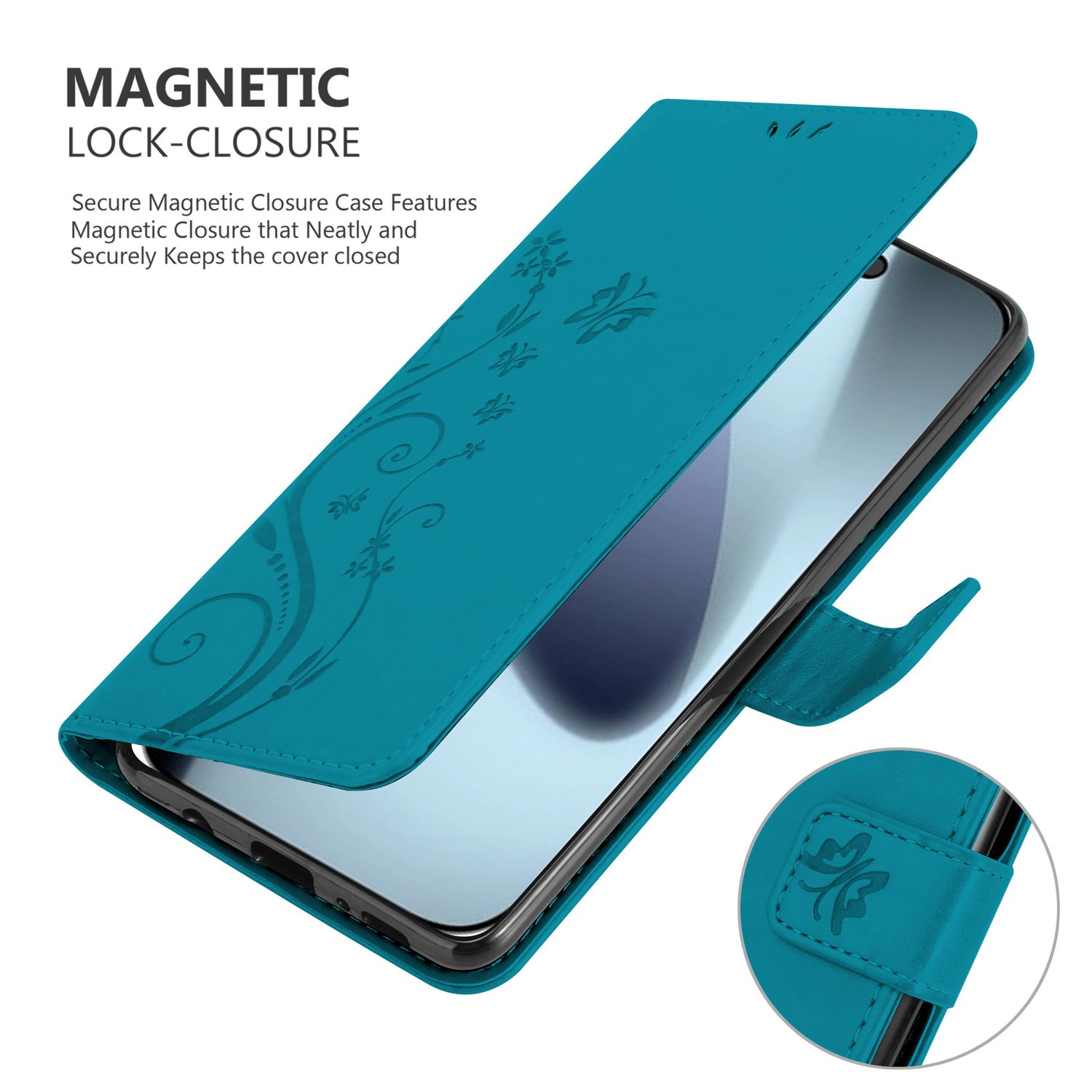 Eine türkisblaue Handyhülle mit Magnetverschluss ist geöffnet und zeigt den Bildschirm des Handys. Blumendesign auf der Hülle. Text: MAGNETIC LOCK-CLOSURE.
