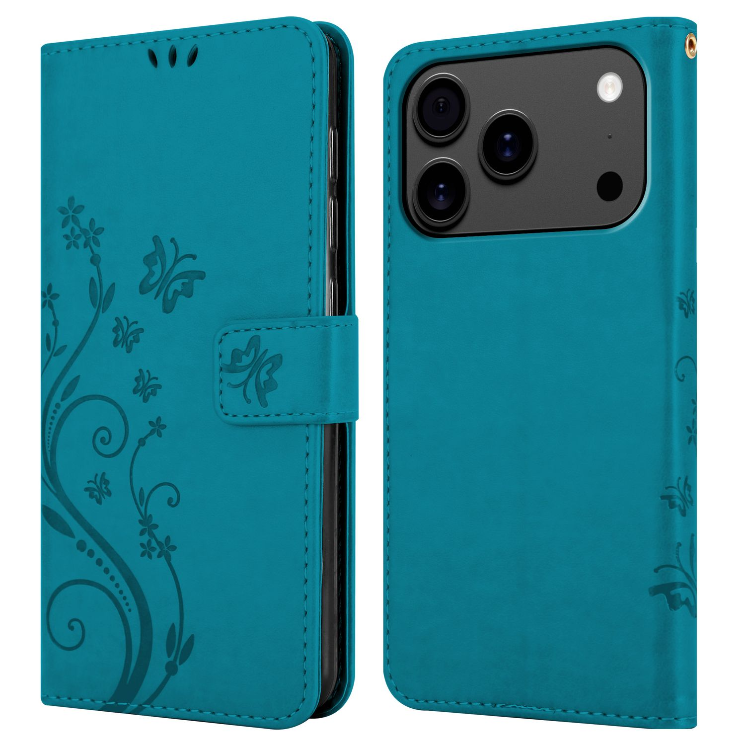 Eine türkisfarbene Handyhülle, geöffnet, mit einem Telefon. Die linke Seite hat Blumendesigns. Die rechte Seite zeigt Kameralinsen.