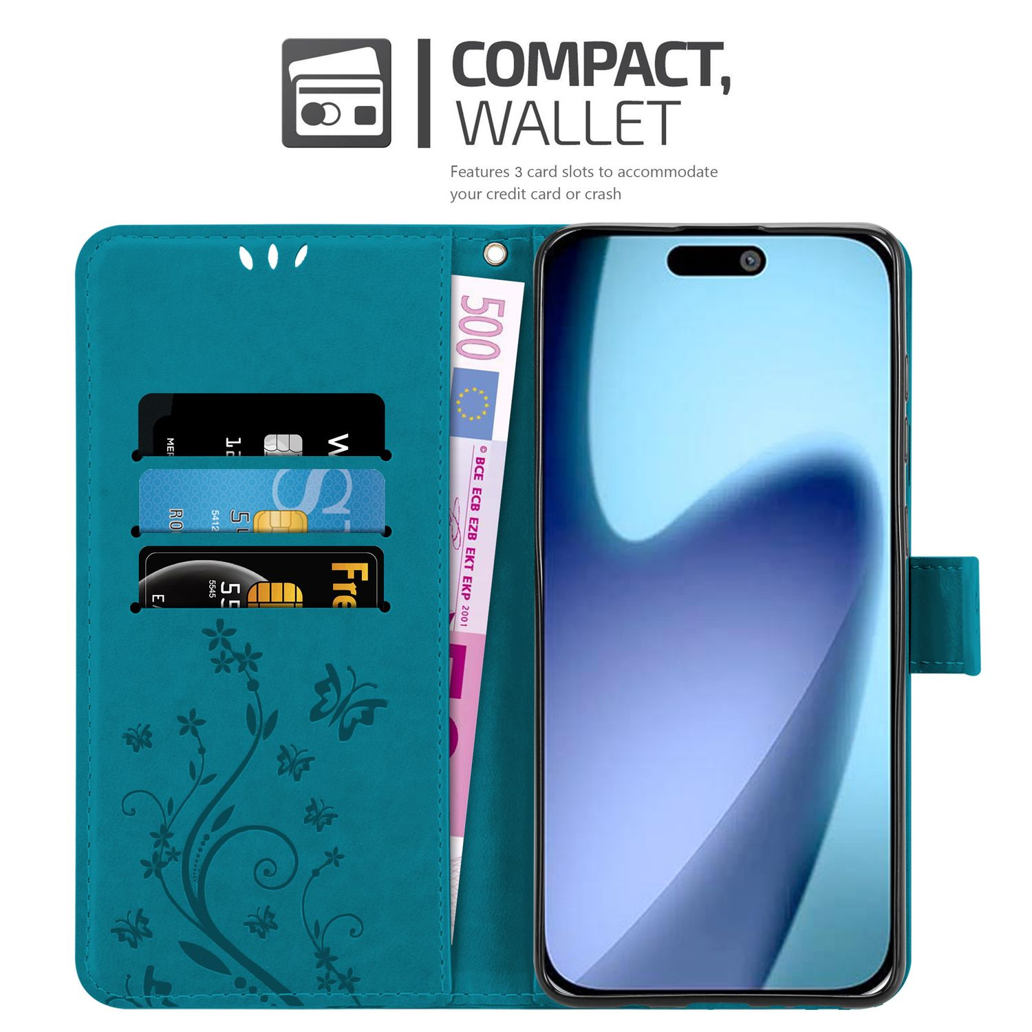 Eine türkisblaue Brieftasche mit Telefon und Kartenfächern. Enthält Kreditkarten und einen 500-Euro-Schein. Ein Blumendesign verziert die Brieftasche.