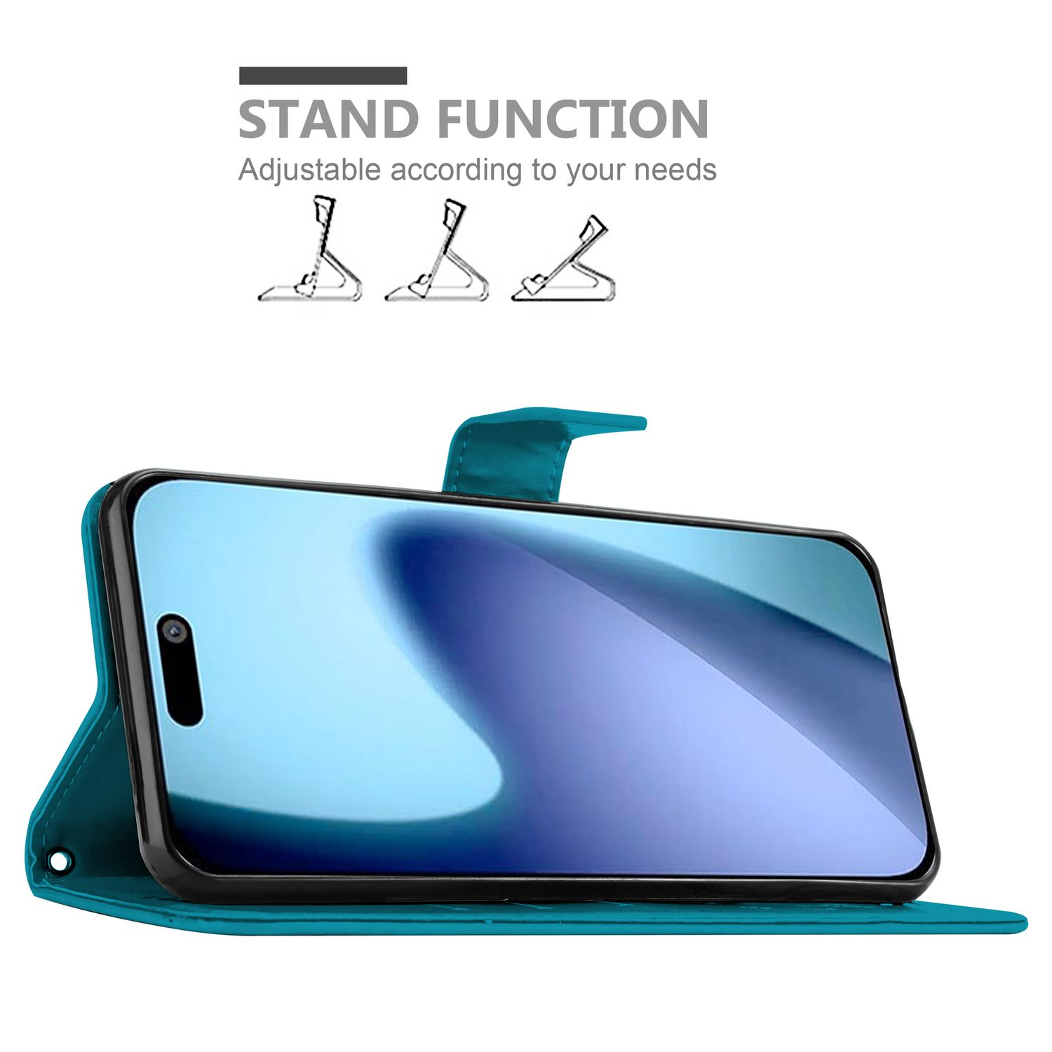 Eine teal Handyhülle mit einem Telefon darin, Text oben lautet Standfunktion. Illustrationen von Standpositionen werden gezeigt.