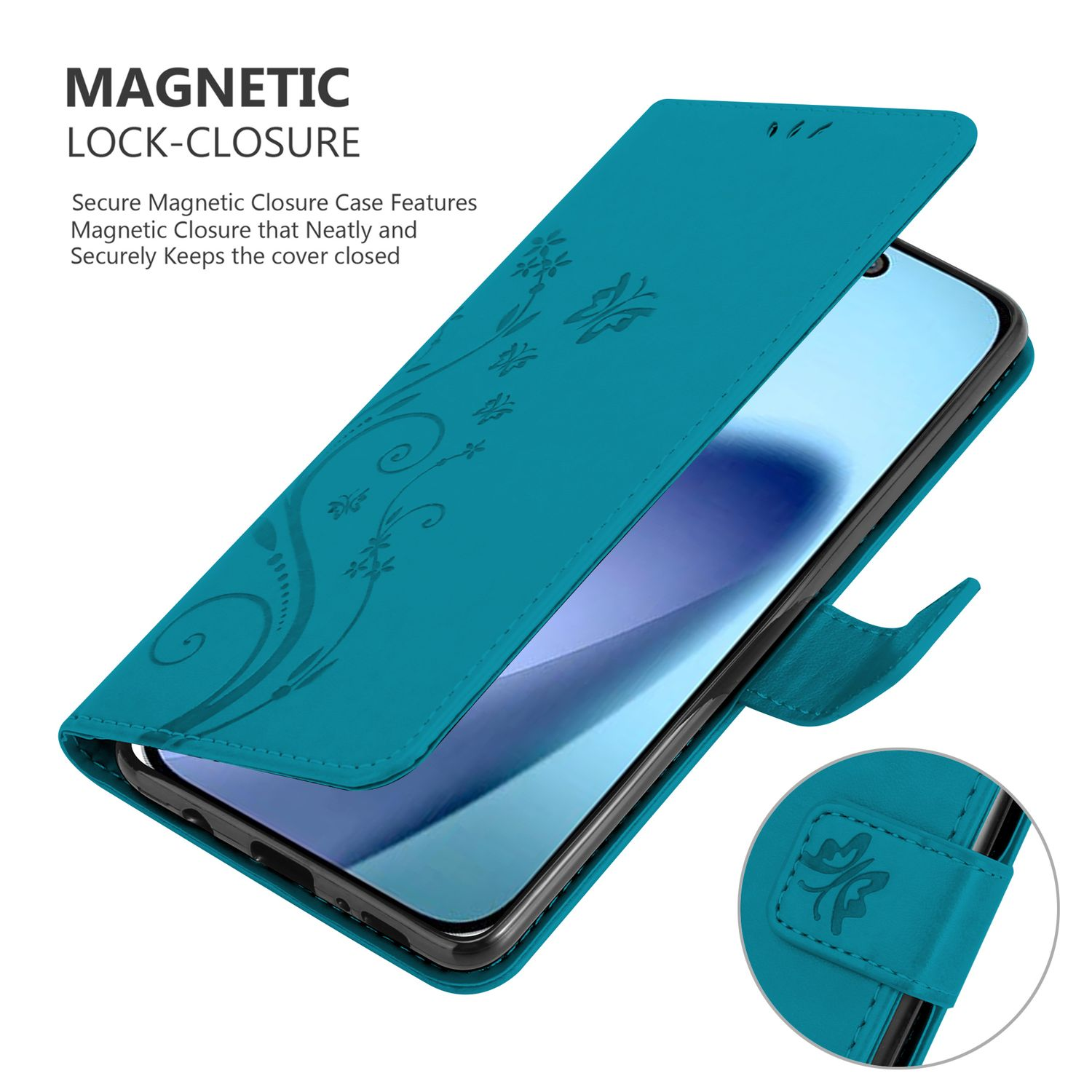 Türkisfarbene Handyhülle geöffnet, zeigt ein Telefon. Merkmale sind Magnetverschluss, Blumendesign und sicherer Verschluss.