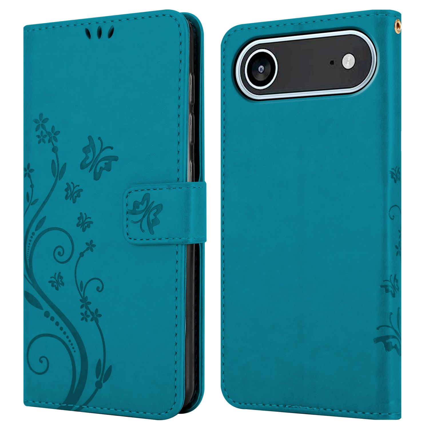 Türkisfarbene Handyhülle mit floralem Design. Sie hat eine Telefonhalterung und -abdeckung. Die Kamera ist auf der Rückseite sichtbar.