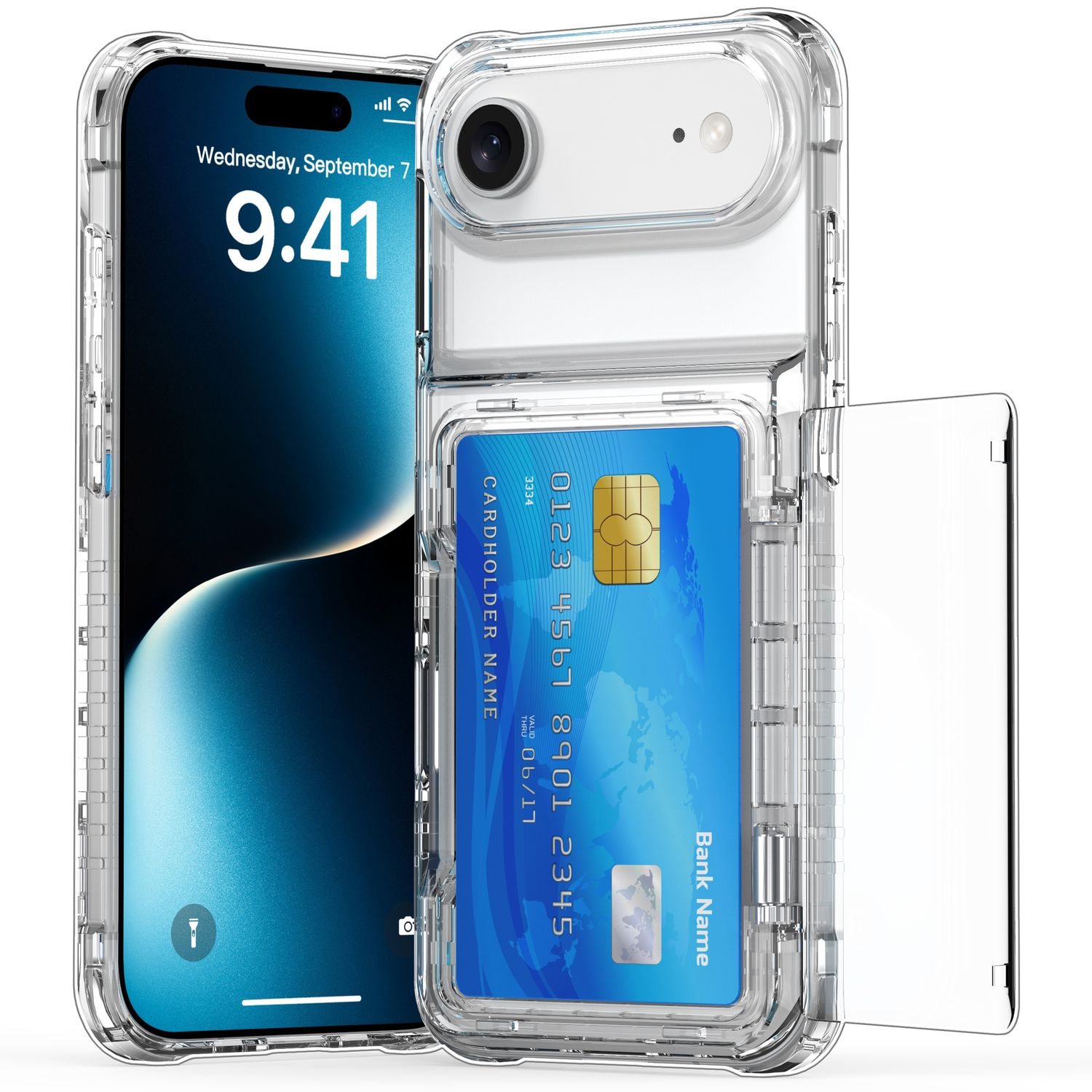 Ein Smartphone in einer durchsichtigen Hülle mit einer Kreditkarte. Das Telefon zeigt einen Sperrbildschirm. Die Kreditkarte hat Nummern und ein Banklogo.