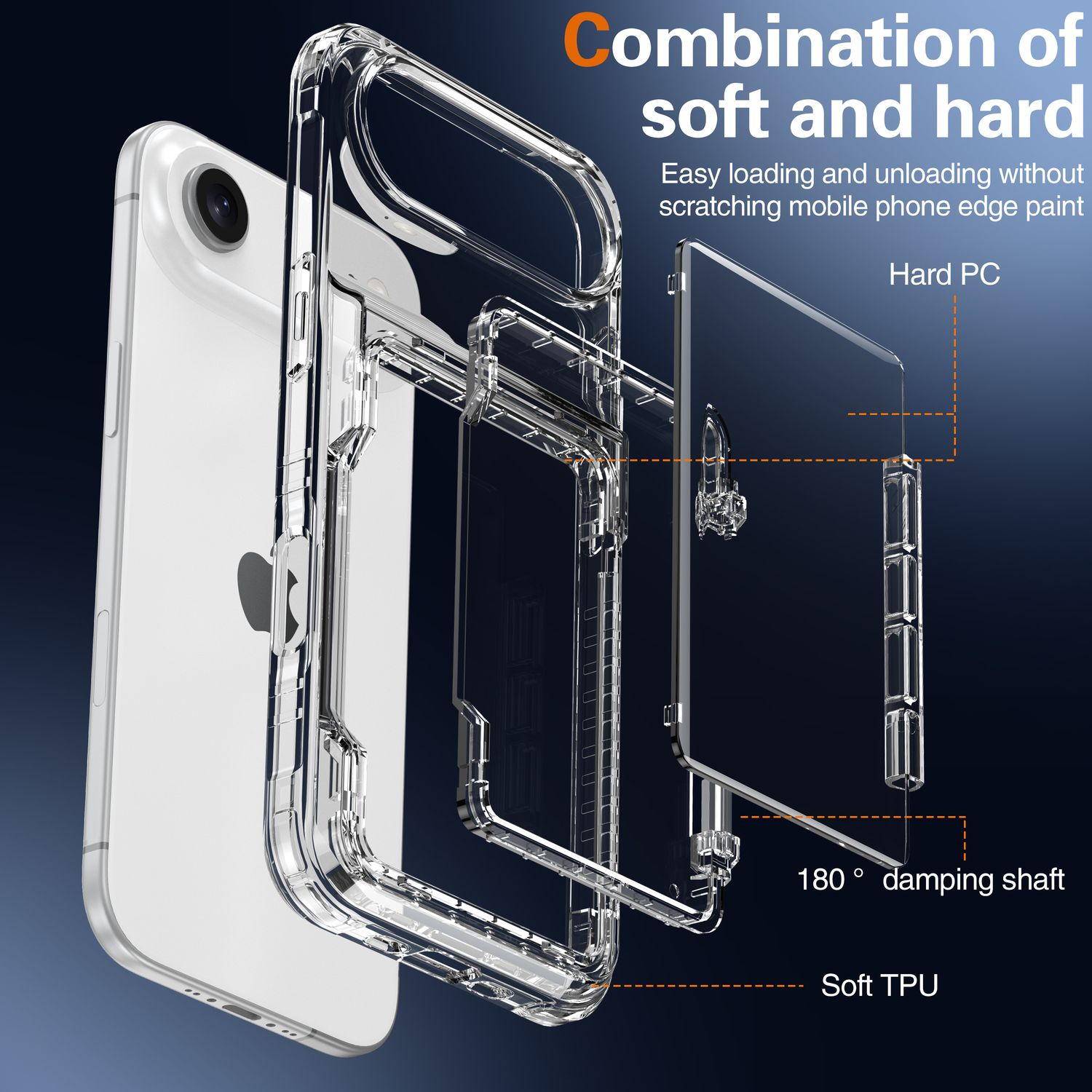 Eine transparente Handyhülle mit einem Handy darin. Die Hülle ist mit 'Hard PC' und 'Soft TPU' beschriftet, mit einer '180° Dämpfungswelle'.