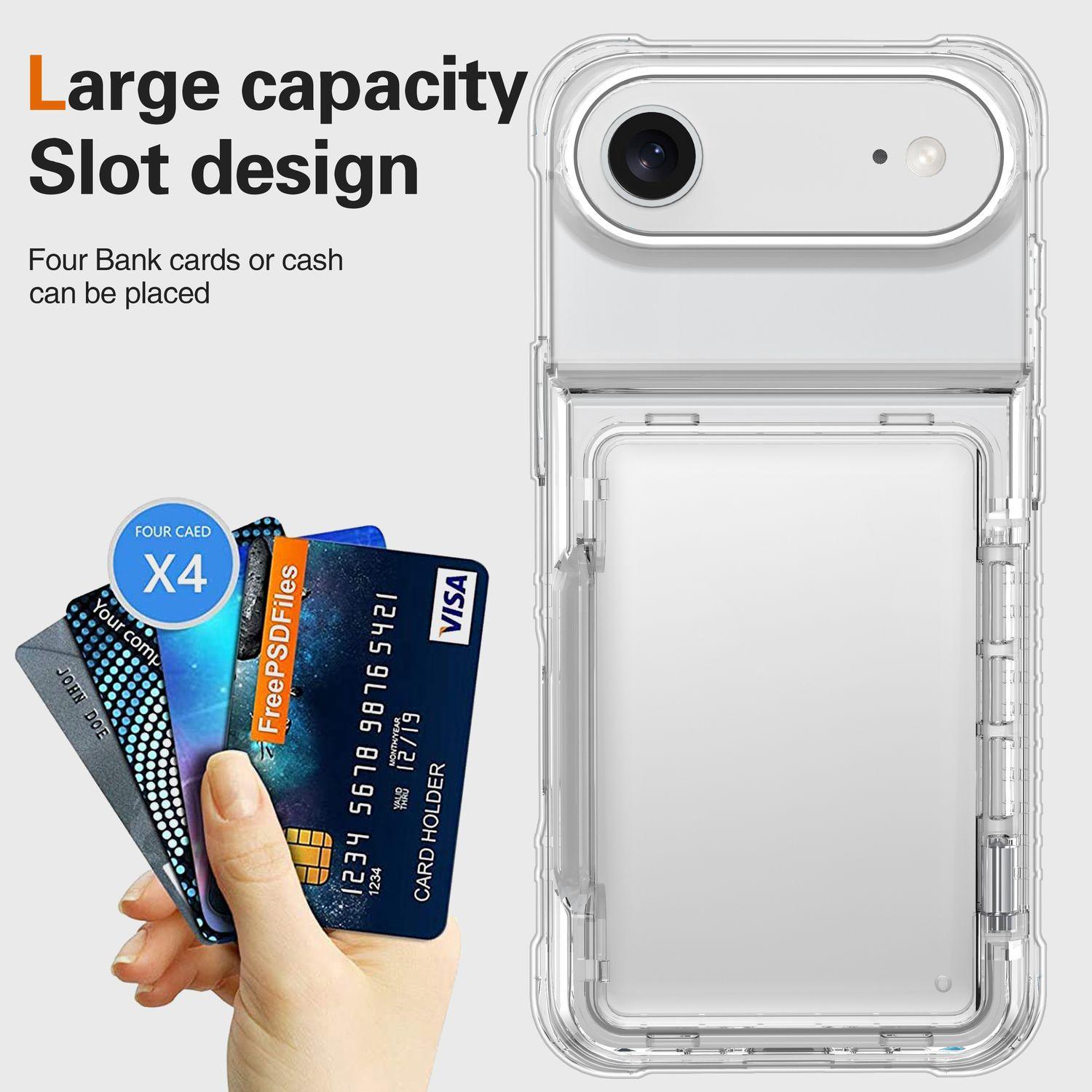Eine transparente Handyhülle mit einer Hand, die Kreditkarten hält. Der Text oben lautet 'Große Kapazität Slot-Design'.