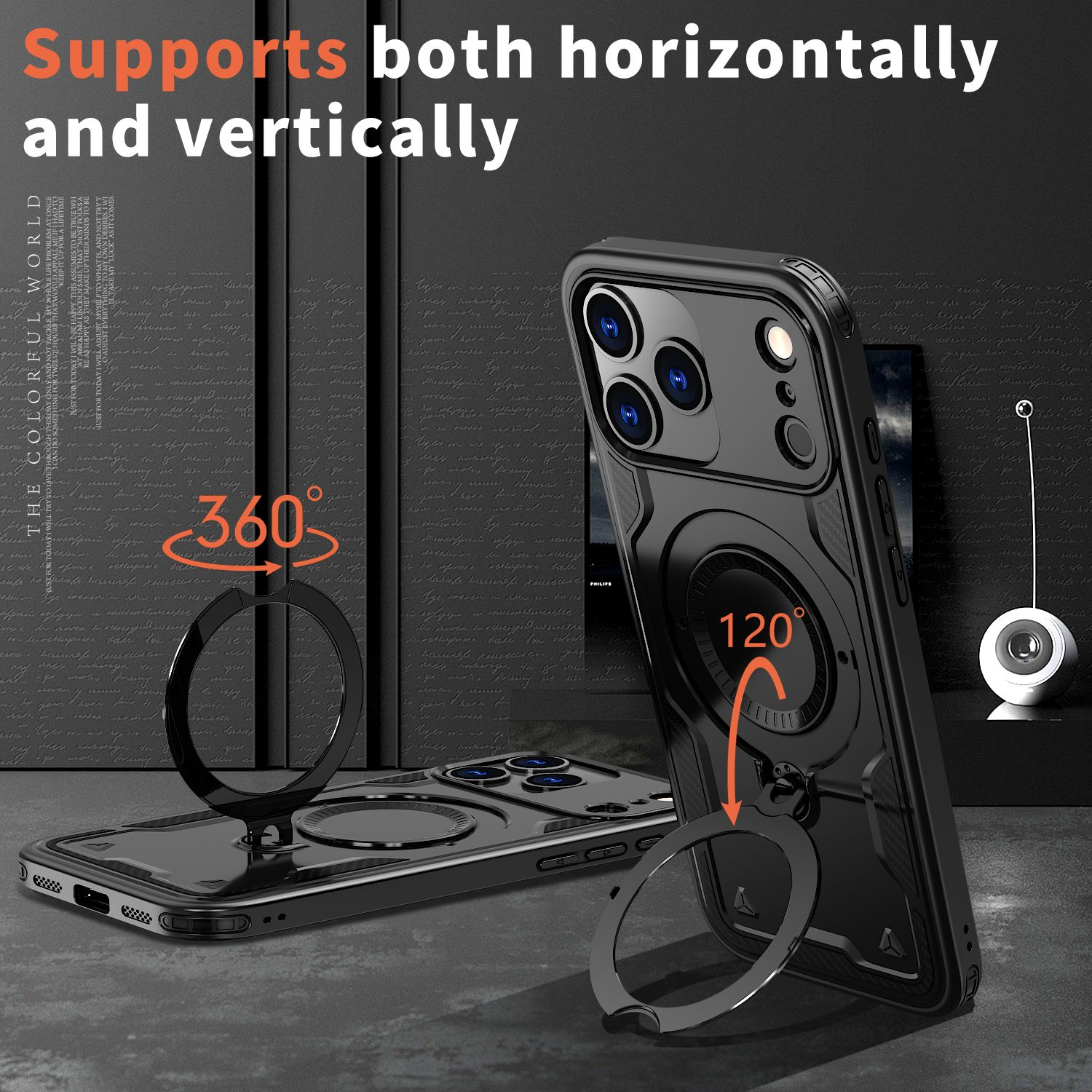 Schwarze Handyhülle mit Ringständer, horizontal und vertikal dargestellt. Zahlen 360 und 120 zeigen Winkel an.