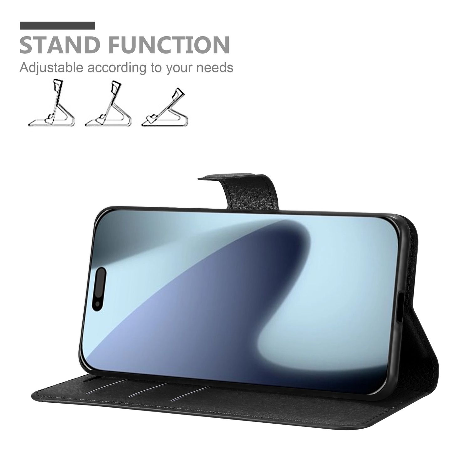 Schwarze Handyhülle mit verstellbarer Standfunktion, die ein Telefon hält. Text: Standfunktion, an Ihre Bedürfnisse anpassbar.