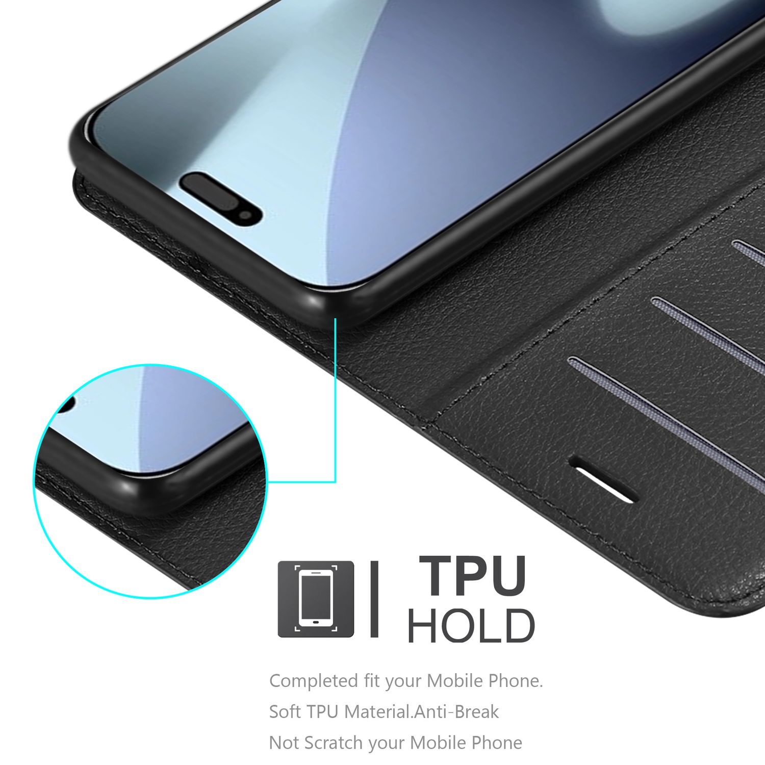 Ein schwarzes Telefon in einer schwarzen TPU-Hülle. Das Telefon ist geöffnet. Text lautet TPU HOLD. Weiches TPU-Material, bruchsicher und kratzfest.