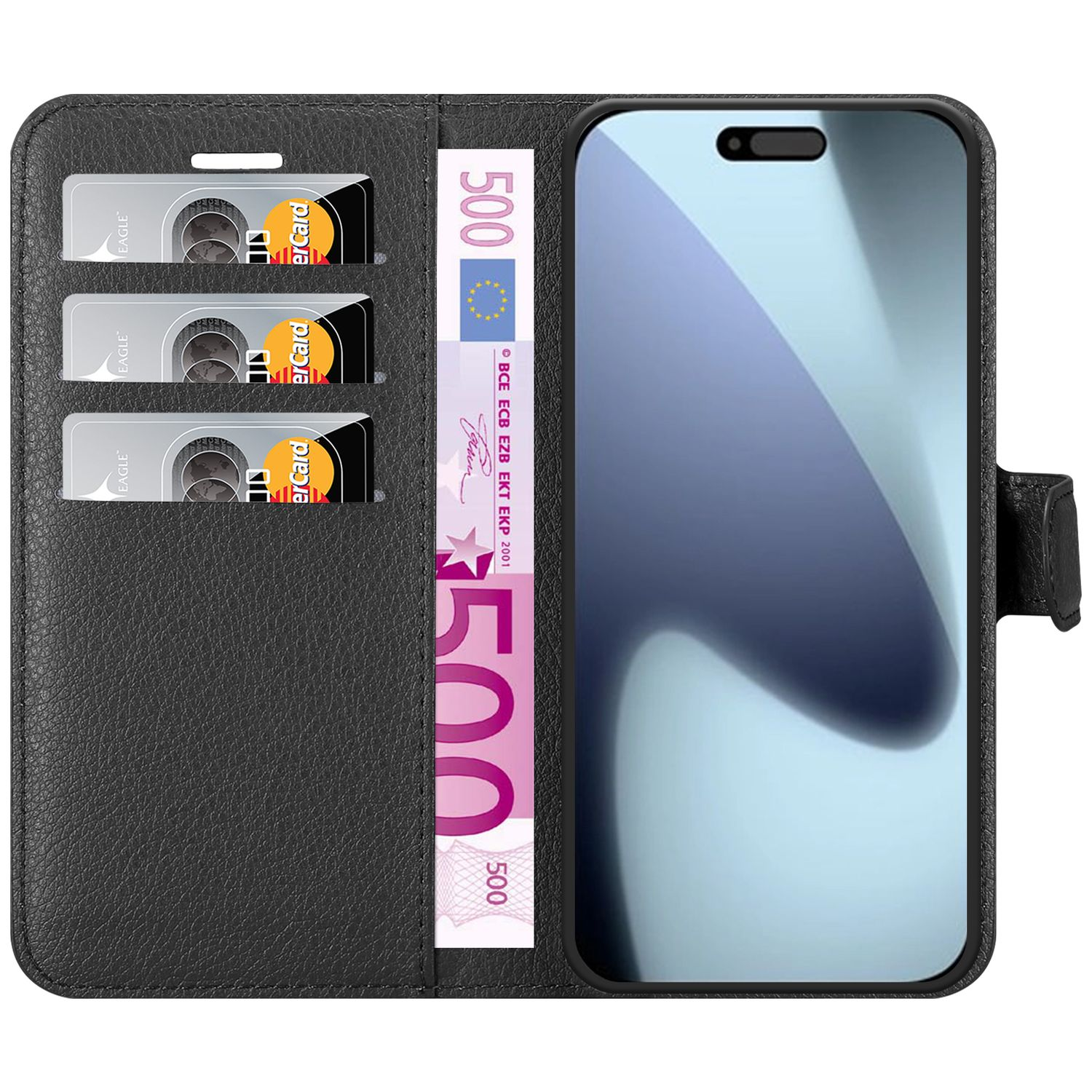 Schwarzes Leder-Handycase mit Telefon, Kreditkarten und einem 500-Euro-Schein.