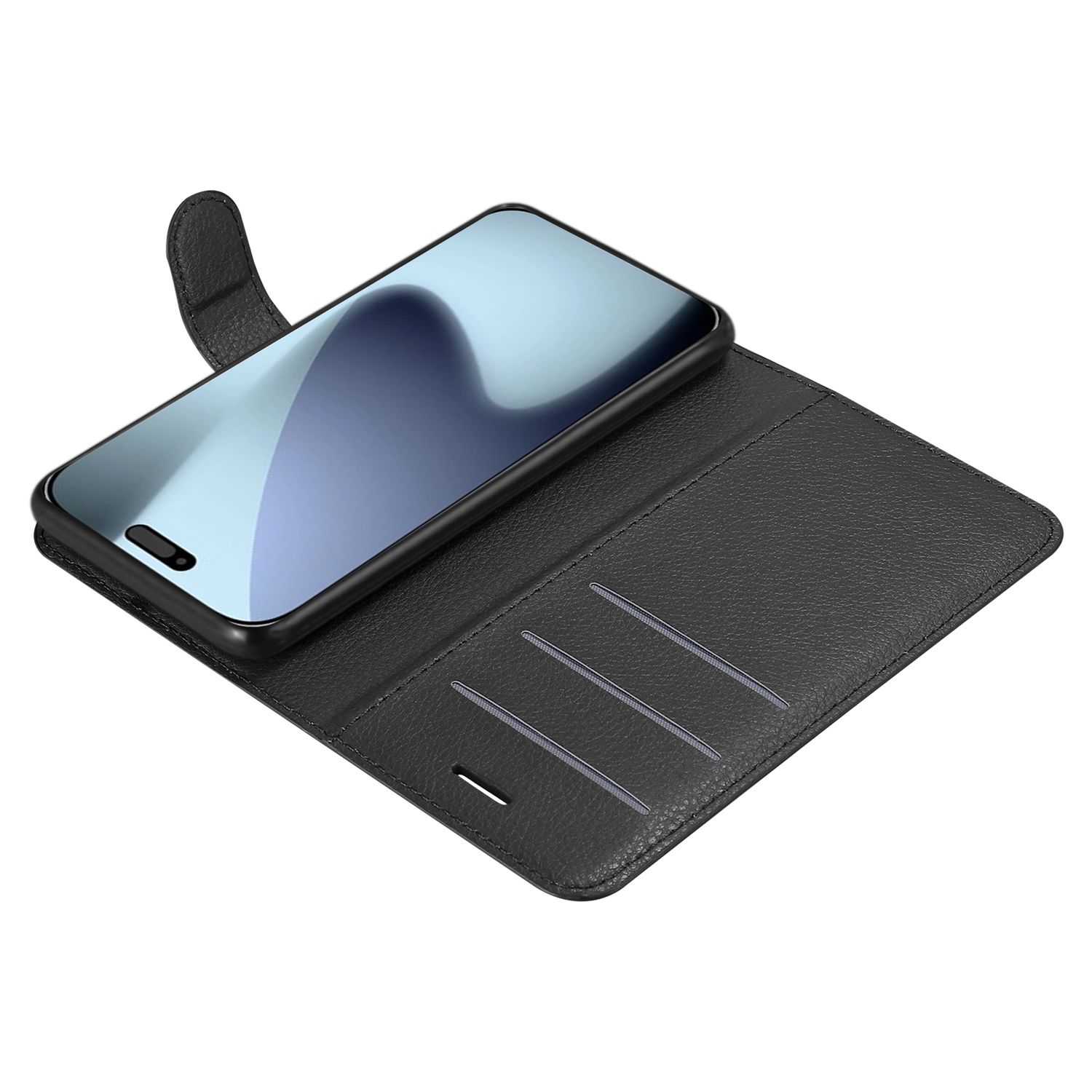 Ein schwarzes Telefon in einer schwarzen Ledertasche wird angezeigt. Das Etui ist offen und zeigt Kartenfächer. Der Telefonbildschirm zeigt ein blaues Bild.