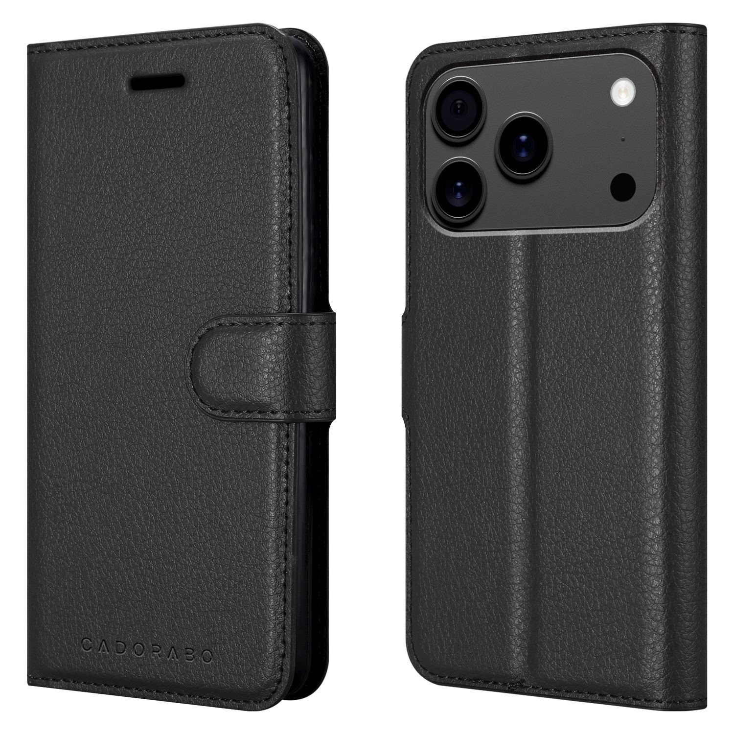 Schwarze Leder-Handyhülle, offen, um das Telefon zu zeigen. Die Hülle hat einen Magnetverschluss und den Markennamen 'Cadorabo'.
