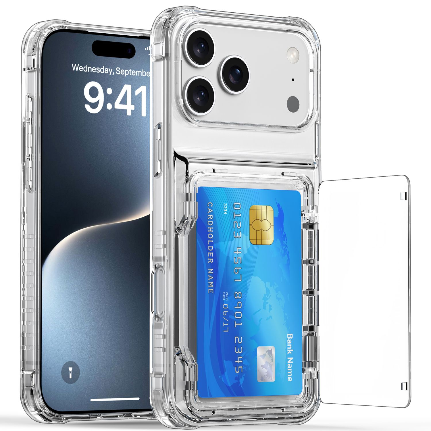Transparente Handyhülle mit Kreditkarte. Das Telefon zeigt einen Sperrbildschirm mit der Uhrzeit. Die Karte zeigt Nummern und Bankdaten.