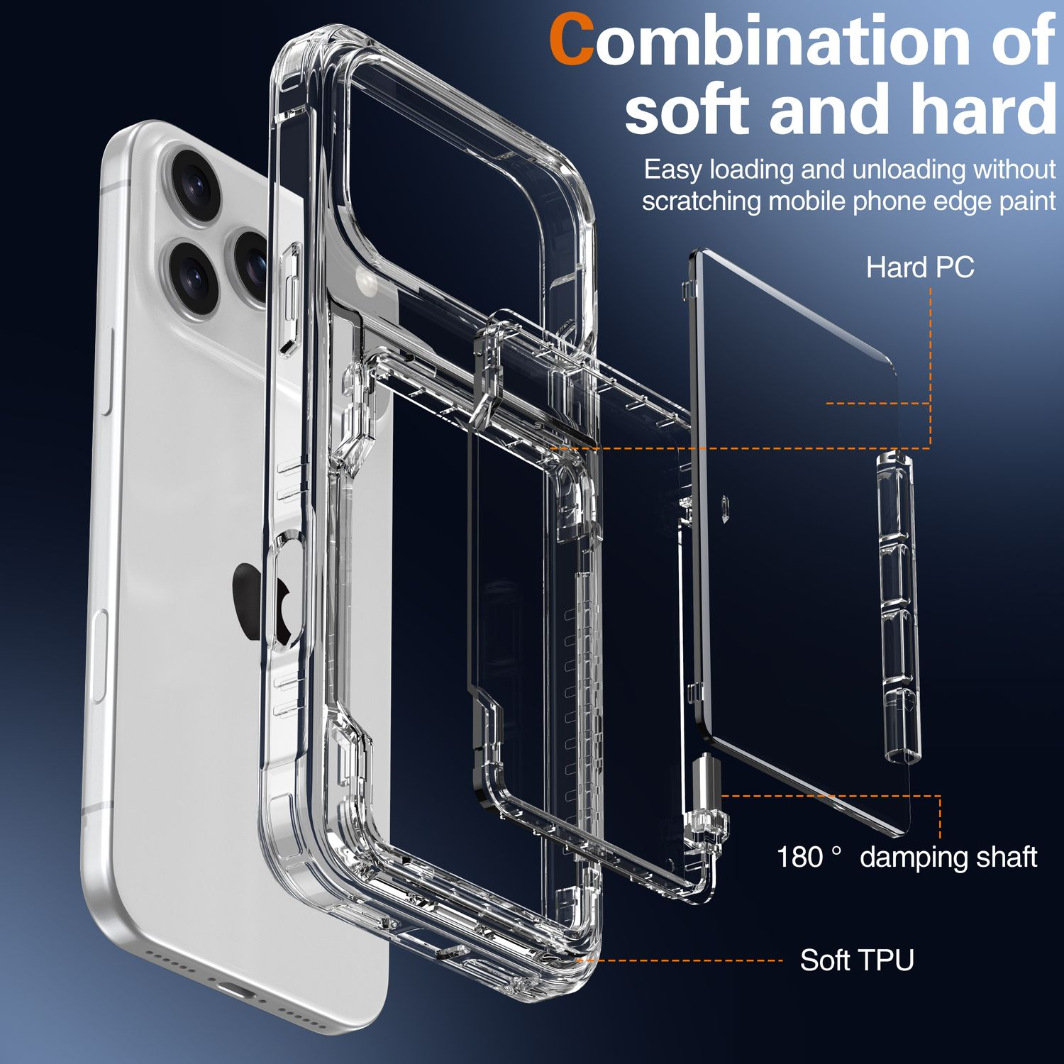 Explosionsansicht einer Handyhülle mit Telefon. Die Hülle ist transparent und zeigt das Design des Telefons. Text hebt Funktionen hervor.