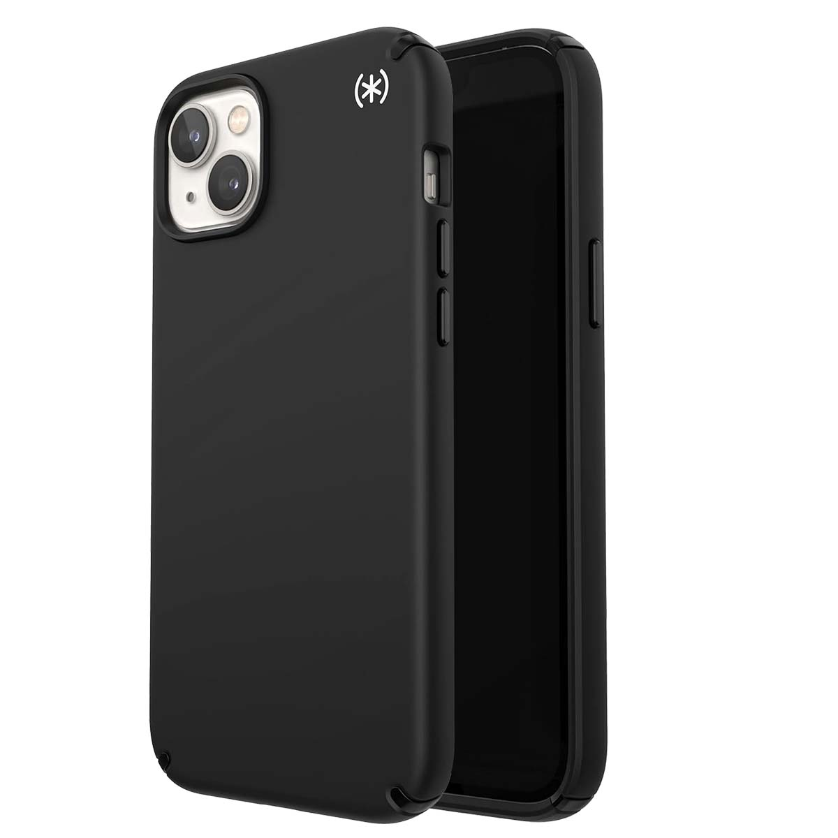 Una custodia nera per telefono con un telefono all'interno, la custodia ha un logo e un ritaglio per la fotocamera. Lo schermo del telefono è nero.
