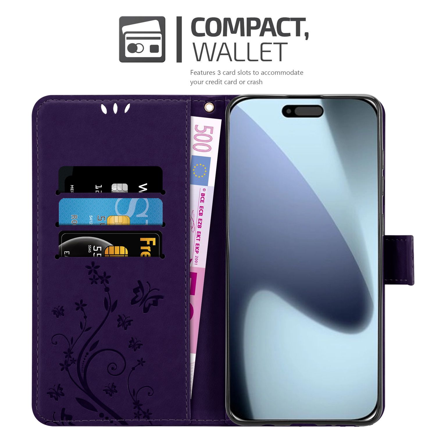 Violette Geldbörse mit Telefon- und Kartenfächern. Enthält ein Smartphone, Karten und einen 500-Euro-Schein. Blumendesign links.