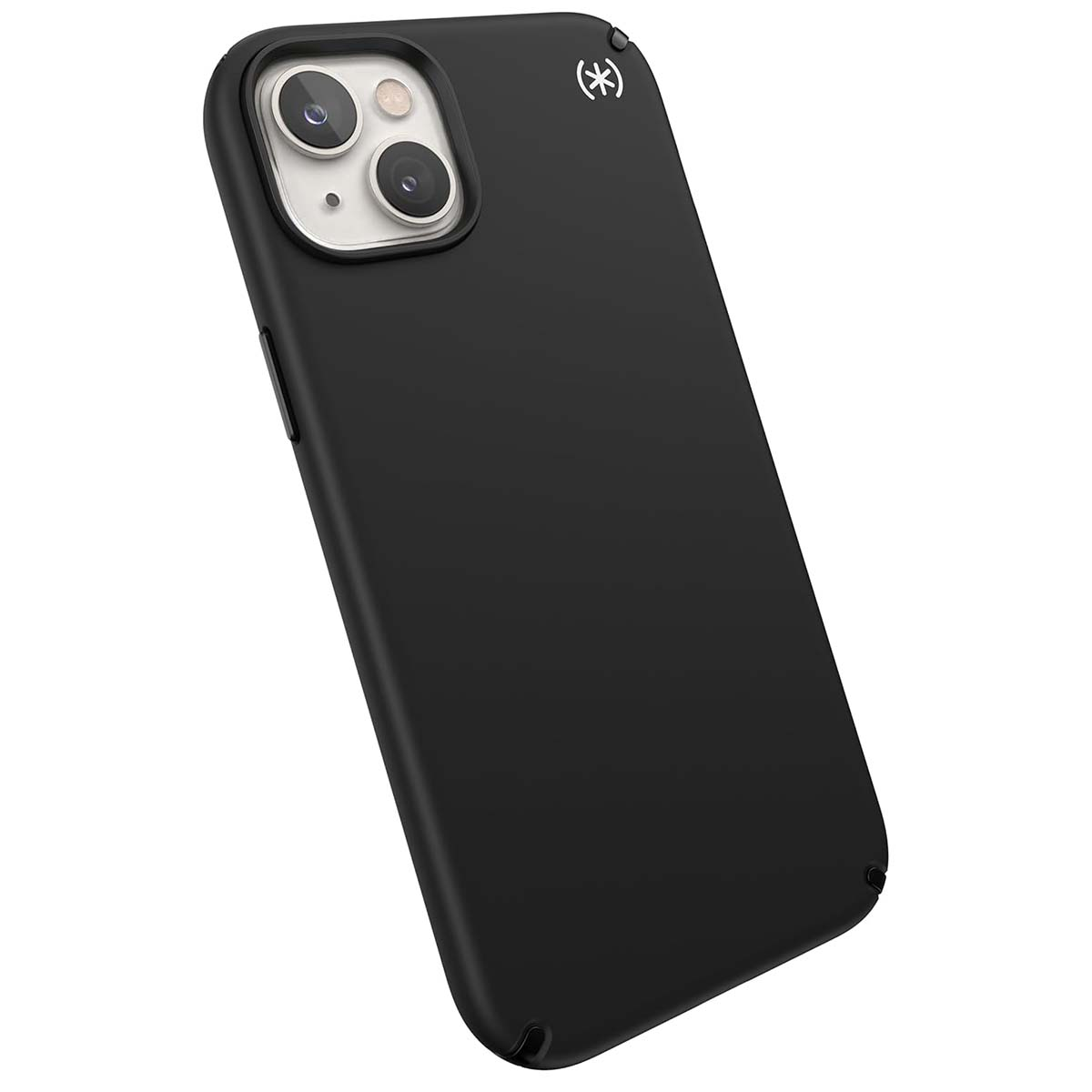 Custodia nera per telefono con ritagli per fotocamera, un logo e un design elegante. La custodia è inclinata su sfondo bianco.