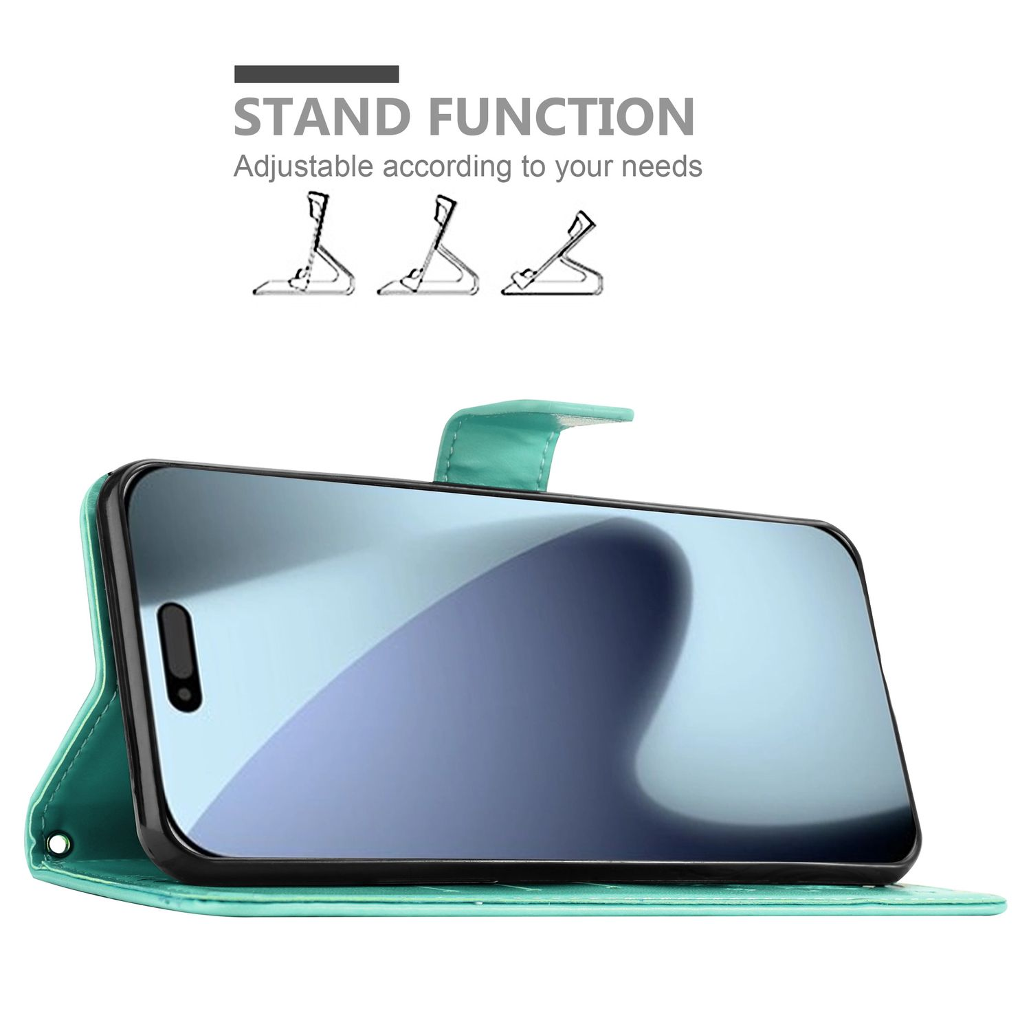 Eine türkisfarbene Handyhülle mit einem Telefon darin. Die Hülle hat eine Standfunktion. Der Text lautet: 'Standfunktion. Einstellbar nach Ihren Bedürfnissen.'