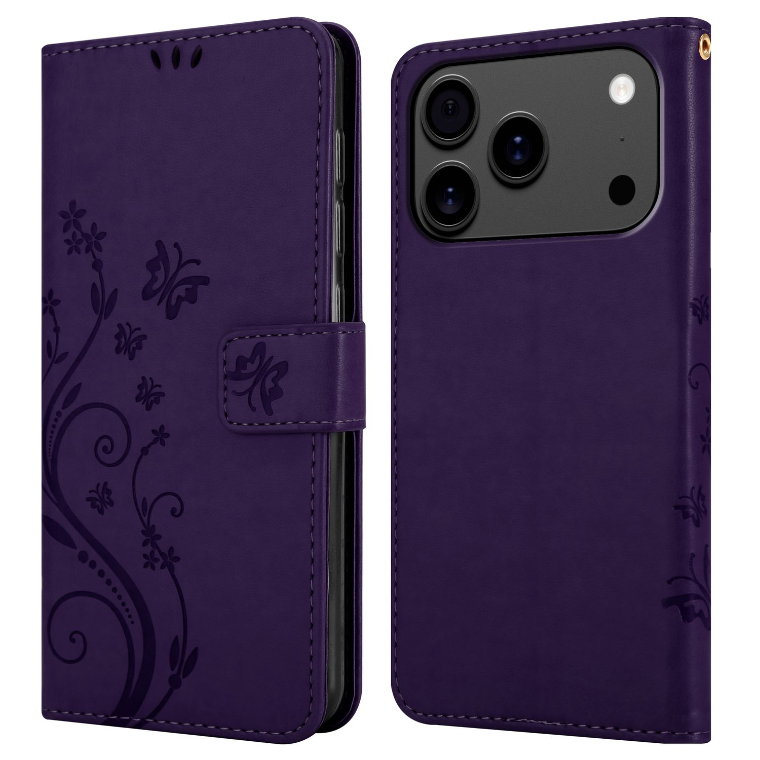 Lila Handyhülle mit floralem Muster. Die Hülle ist offen und zeigt das Telefon und seine Kamera. Die Hülle hat einen Magnetverschluss.