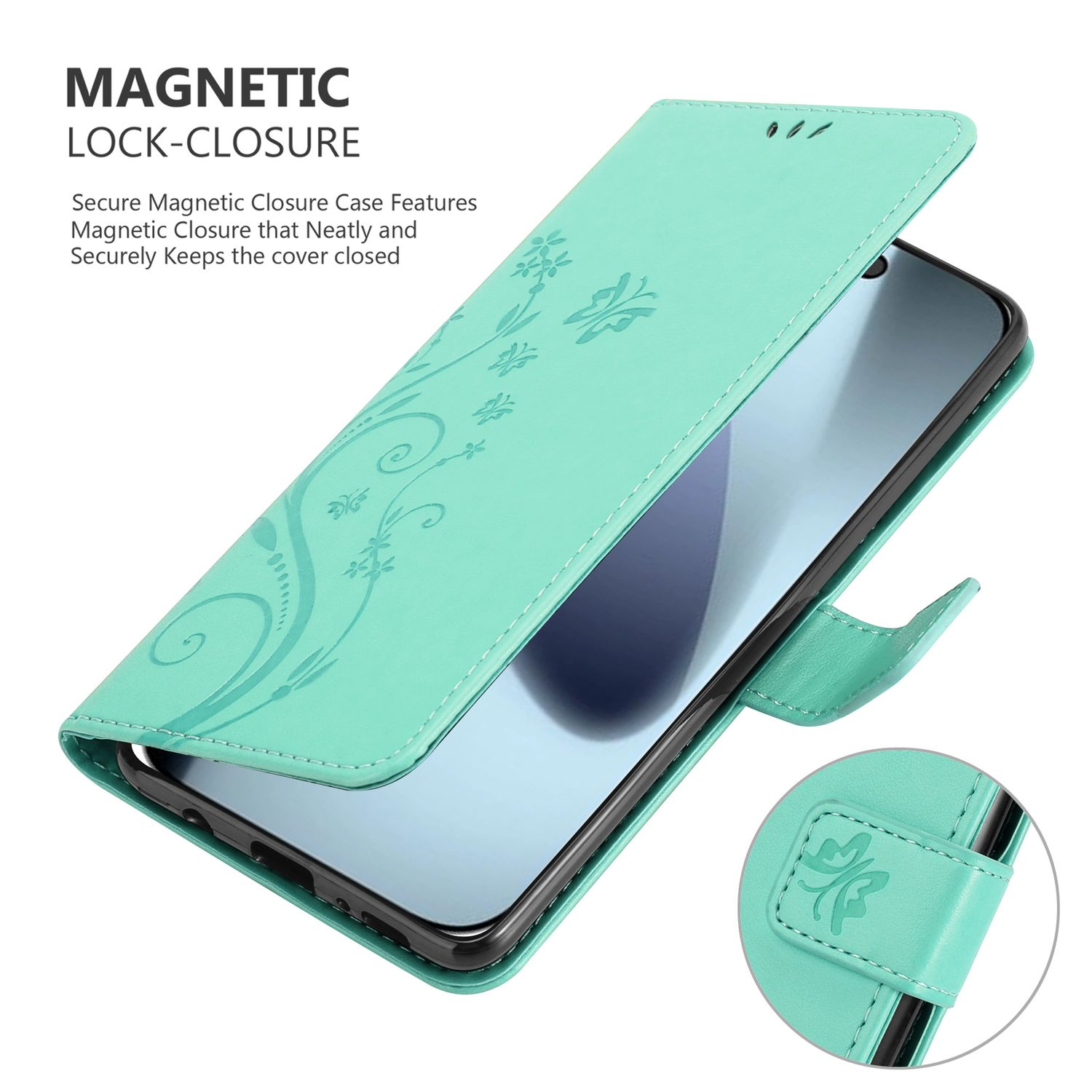 Eine türkisgrüne Handyhülle ist geöffnet und zeigt einen Telefonbildschirm. Sie hat ein Blumendesign und einen Magnetverschluss.