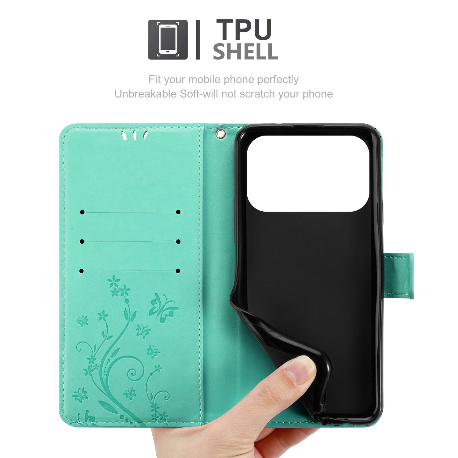 Eine türkisgrüne Handyhülle ist geöffnet und zeigt ein schwarzes Handy. Die Hülle hat florale Designs und einen Magnetverschluss.