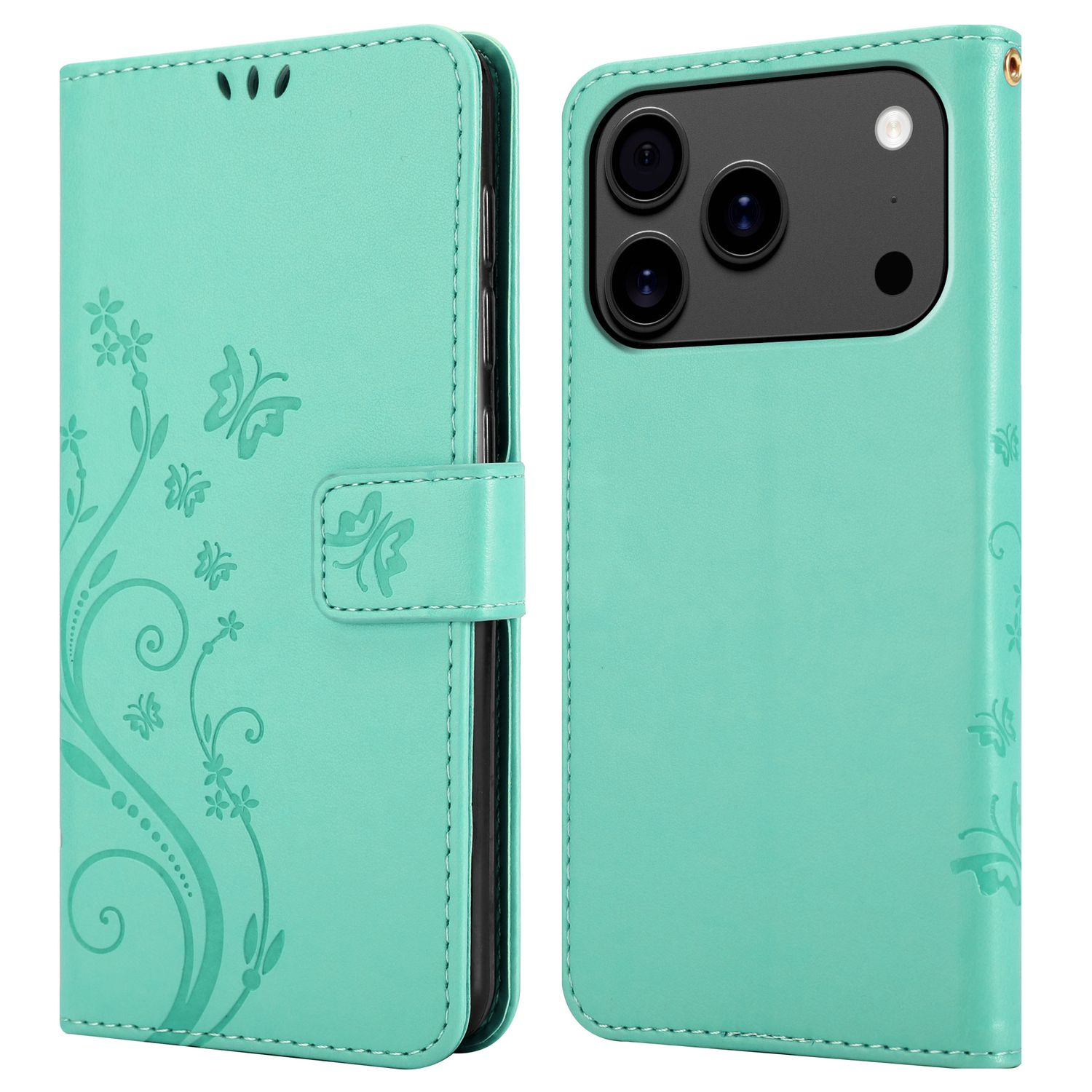Eine türkisfarbene Handyhülle mit floralem Design, geöffnet, um das Telefon und das Innere der Hülle zu zeigen. Die Hülle hat einen Magnetverschluss.