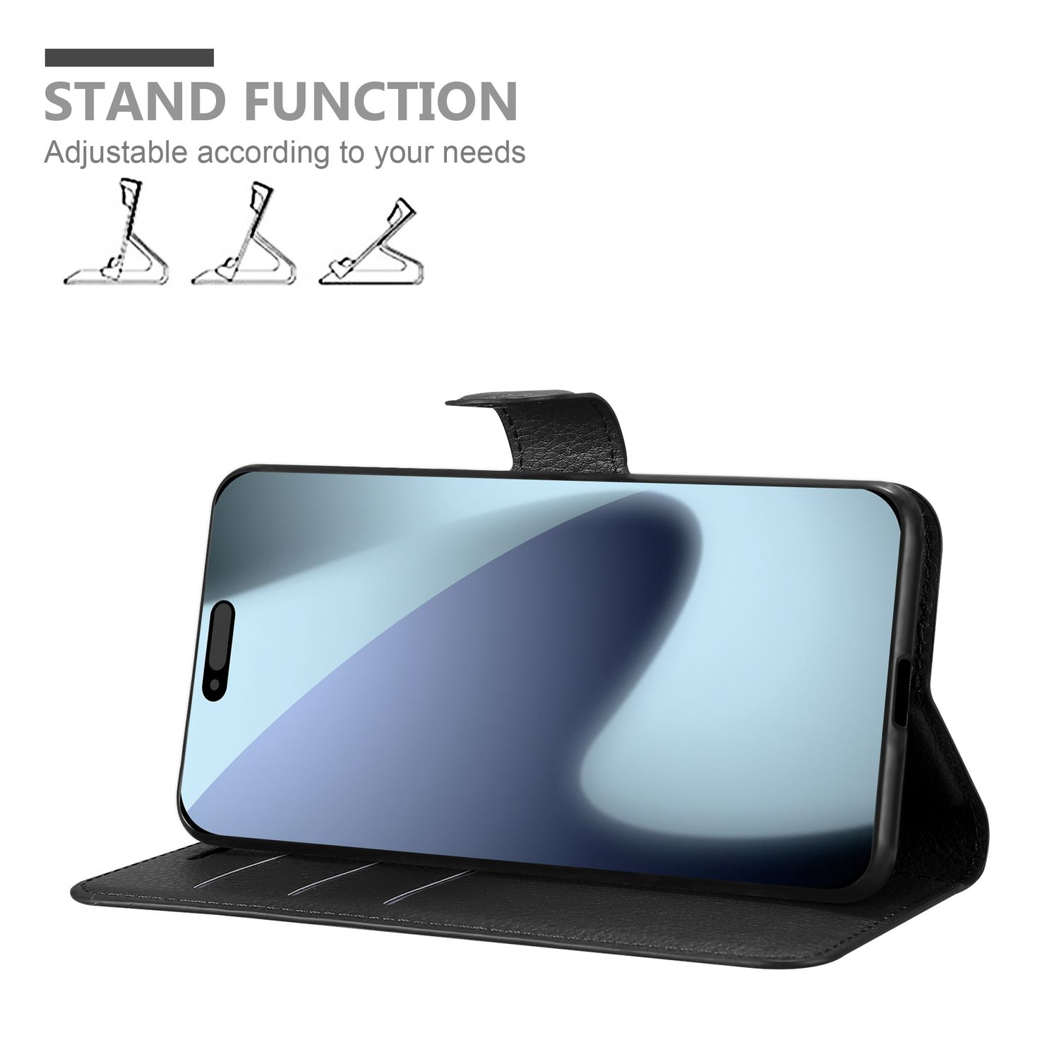 Eine schwarze Handyhülle mit einem Telefon darin, in einer Standposition. Text: Standfunktion, Anpassbar an Ihre Bedürfnisse.