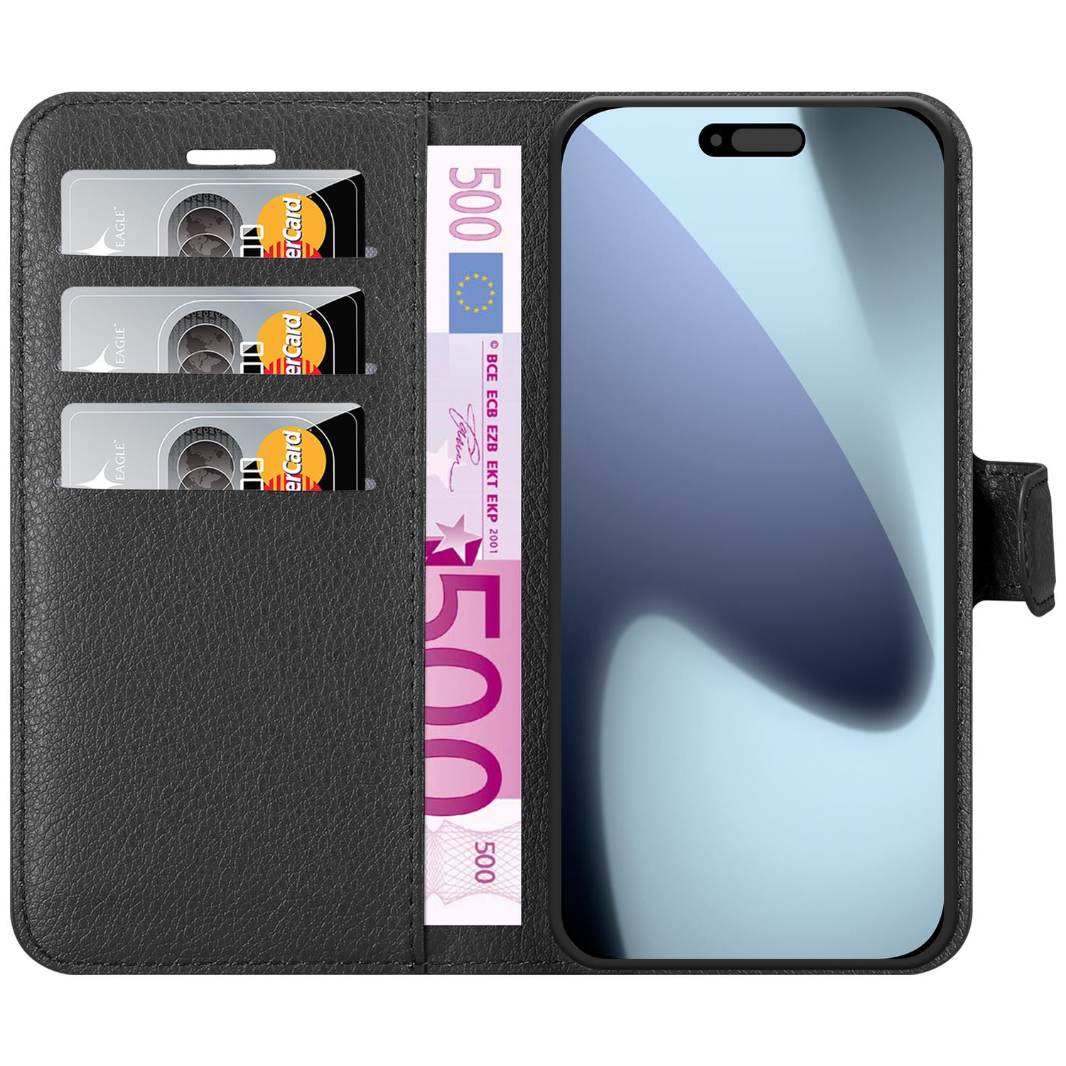 Eine schwarze Leder-Handyhülle hält ein Smartphone, drei Karten und einen 500-Euro-Schein.